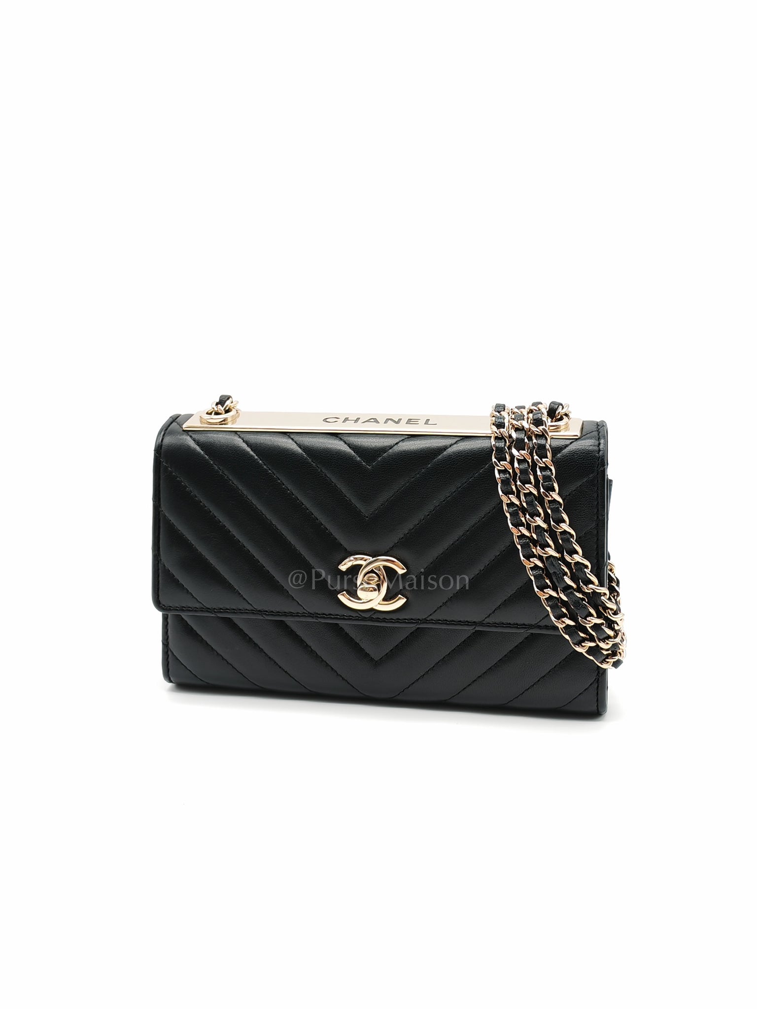 Trendy Wallet on Chain(WOC) Black Lambskin Leather in Light Gold Hardware (Series 25****00) | Purse Maison Luxury Bags Shop