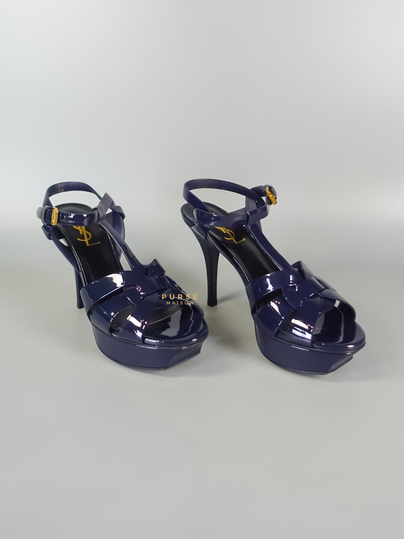 Tribute Leather Platform Sandal Patent Navy Blue High Heels (Size 36EU 23cm) | Purse Maison Luxury Bags Shop