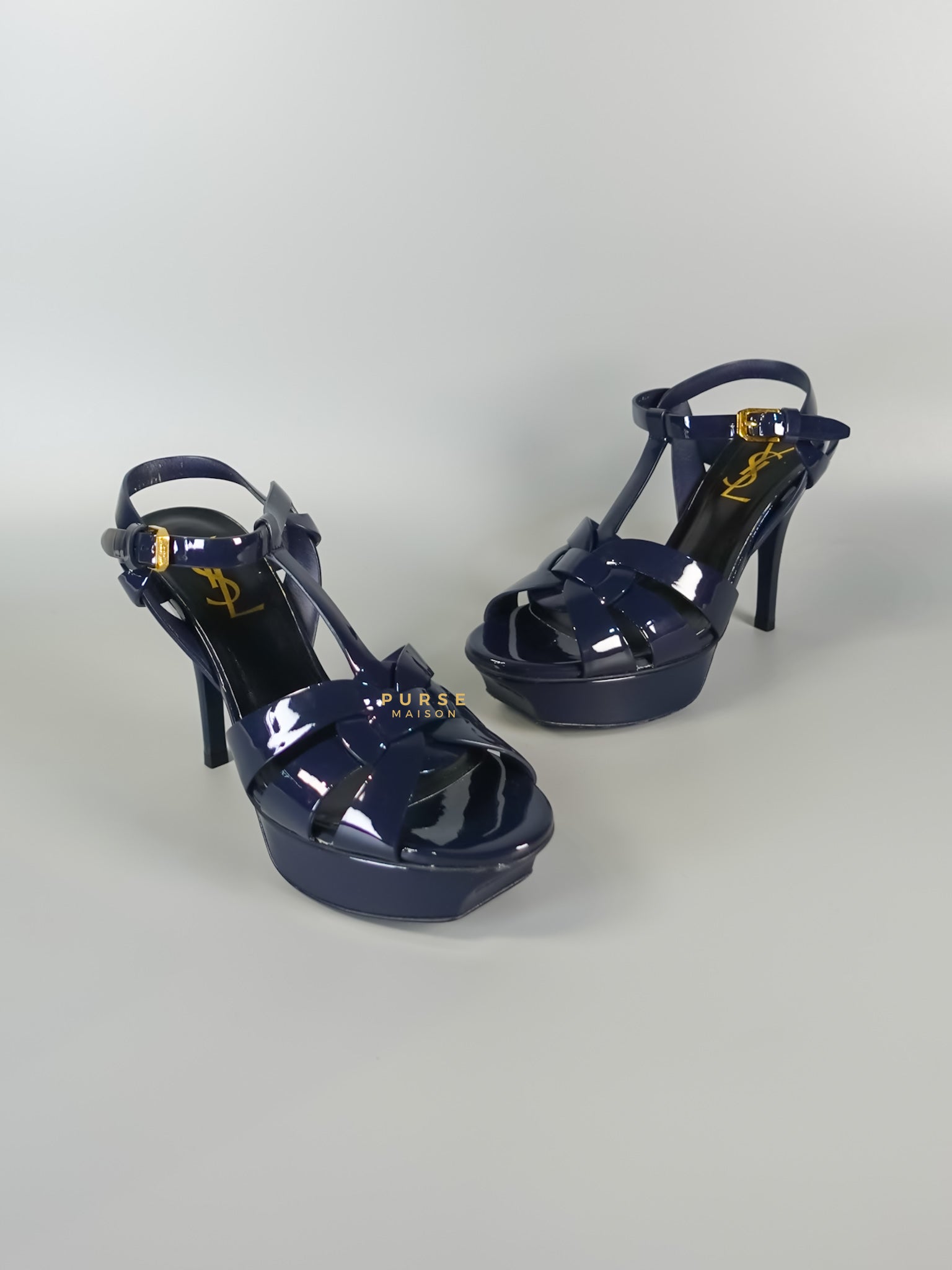 Tribute Leather Platform Sandal Patent Navy Blue High Heels (Size 36EU 23cm) | Purse Maison Luxury Bags Shop