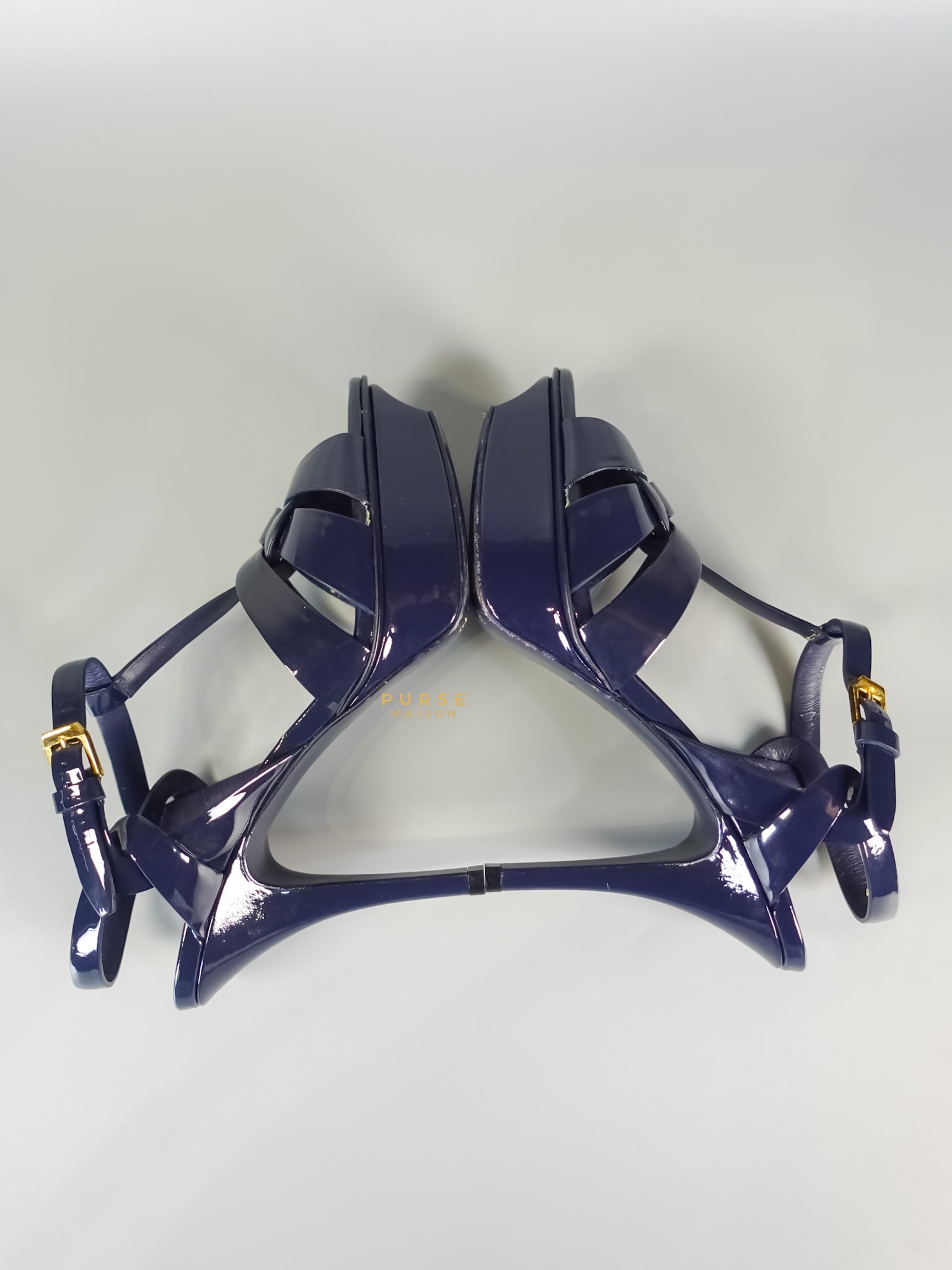 Tribute Leather Platform Sandal Patent Navy Blue High Heels (Size 36EU 23cm) | Purse Maison Luxury Bags Shop