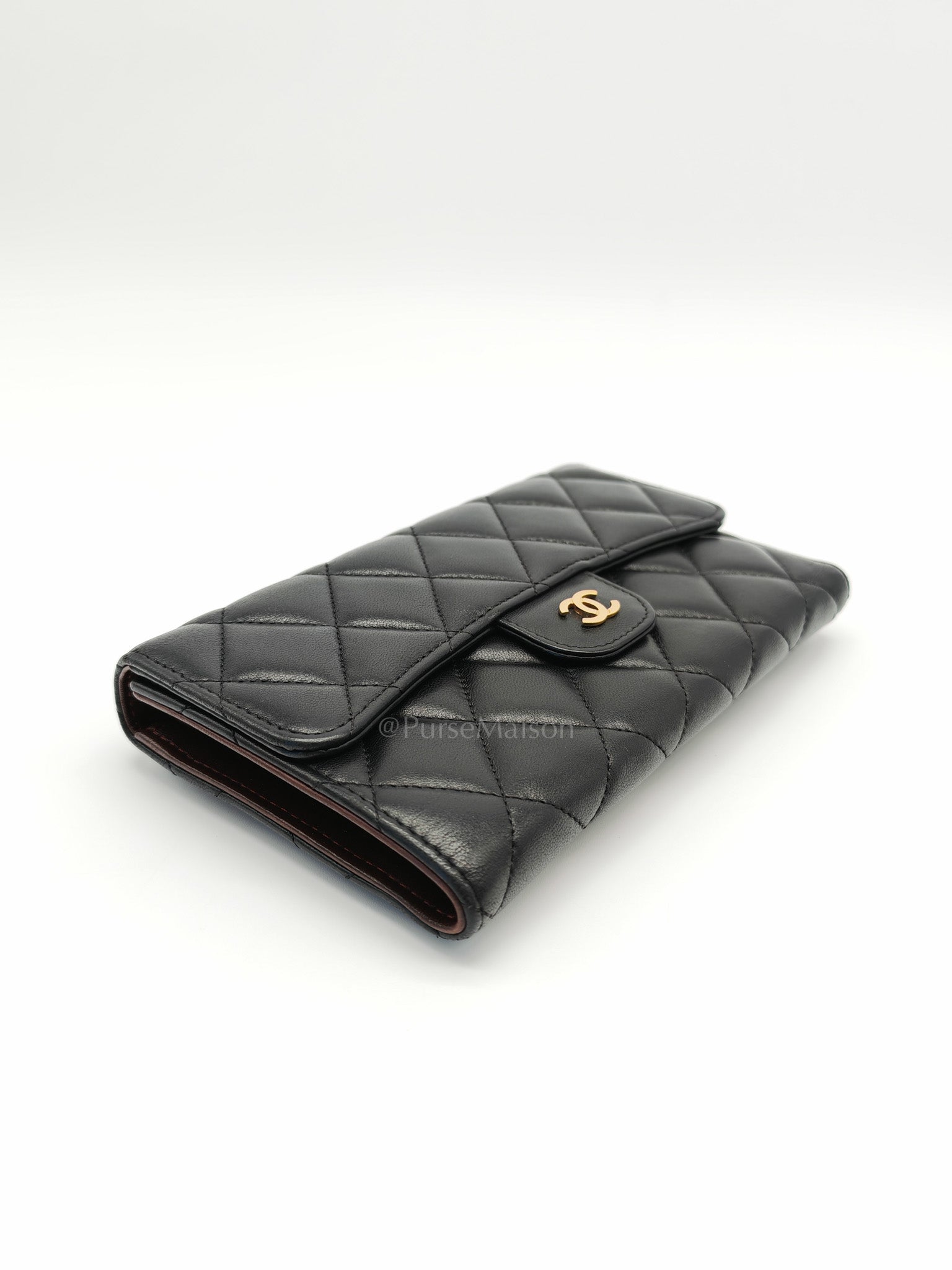 Trifold Long Wallet in Black Lambskin Leather & Gold Hardware Series 21 | Purse Maison Luxury Bags Shop