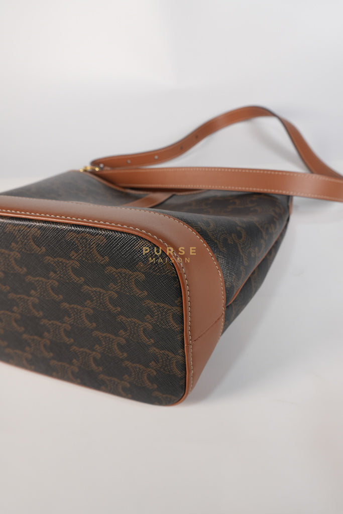 Triomphe Bucket Bag Small in Black/Dark Brown Calfskin Leather & Gold Hardware | Purse Maison Luxury Bags Shop