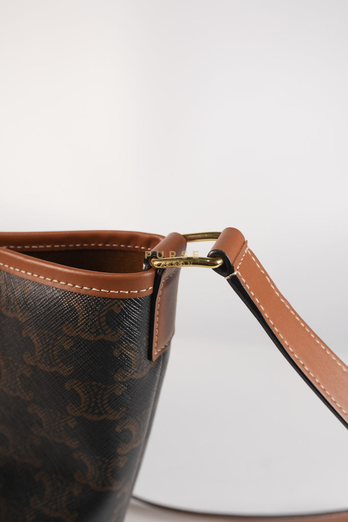 Triomphe Bucket Bag Small in Black/Dark Brown Calfskin Leather & Gold Hardware | Purse Maison Luxury Bags Shop