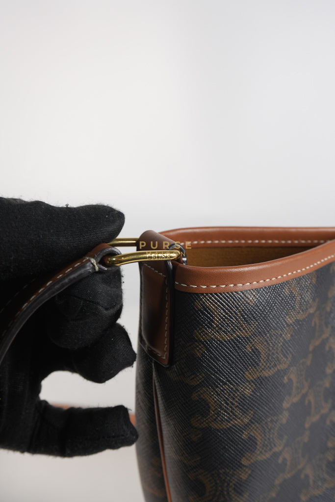 Triomphe Bucket Bag Small in Black/Dark Brown Calfskin Leather & Gold Hardware | Purse Maison Luxury Bags Shop