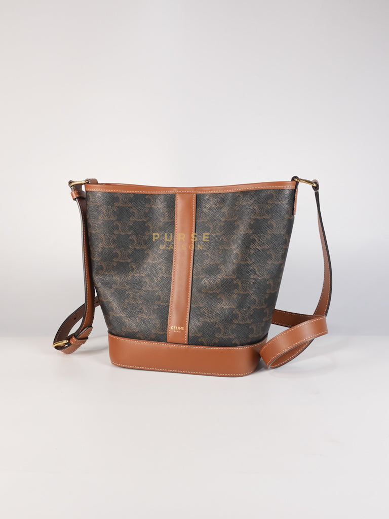 Triomphe Bucket Bag Small in Black/Dark Brown Calfskin Leather & Gold Hardware | Purse Maison Luxury Bags Shop