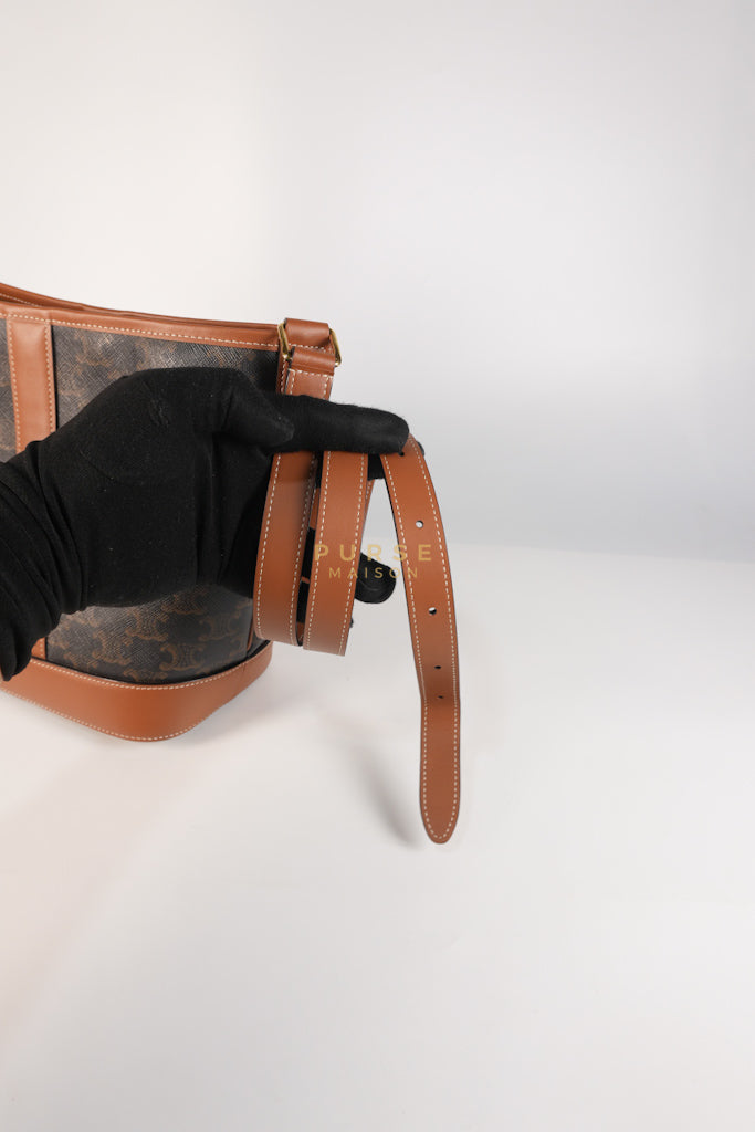 Triomphe Bucket Bag Small in Black/Dark Brown Calfskin Leather & Gold Hardware | Purse Maison Luxury Bags Shop