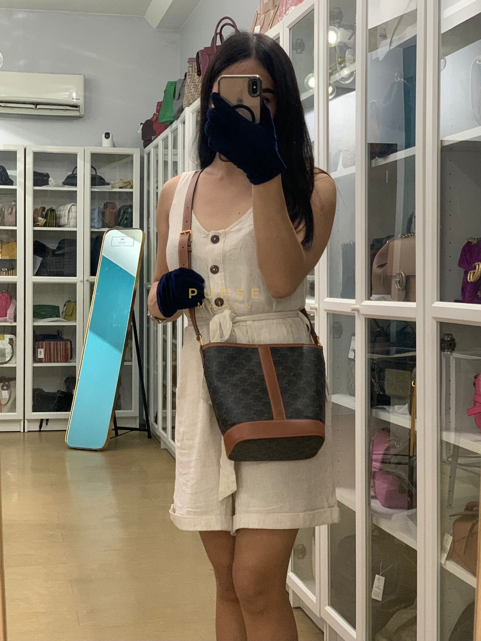 Triomphe Bucket Bag Small in Black/Dark Brown Calfskin Leather & Gold Hardware | Purse Maison Luxury Bags Shop