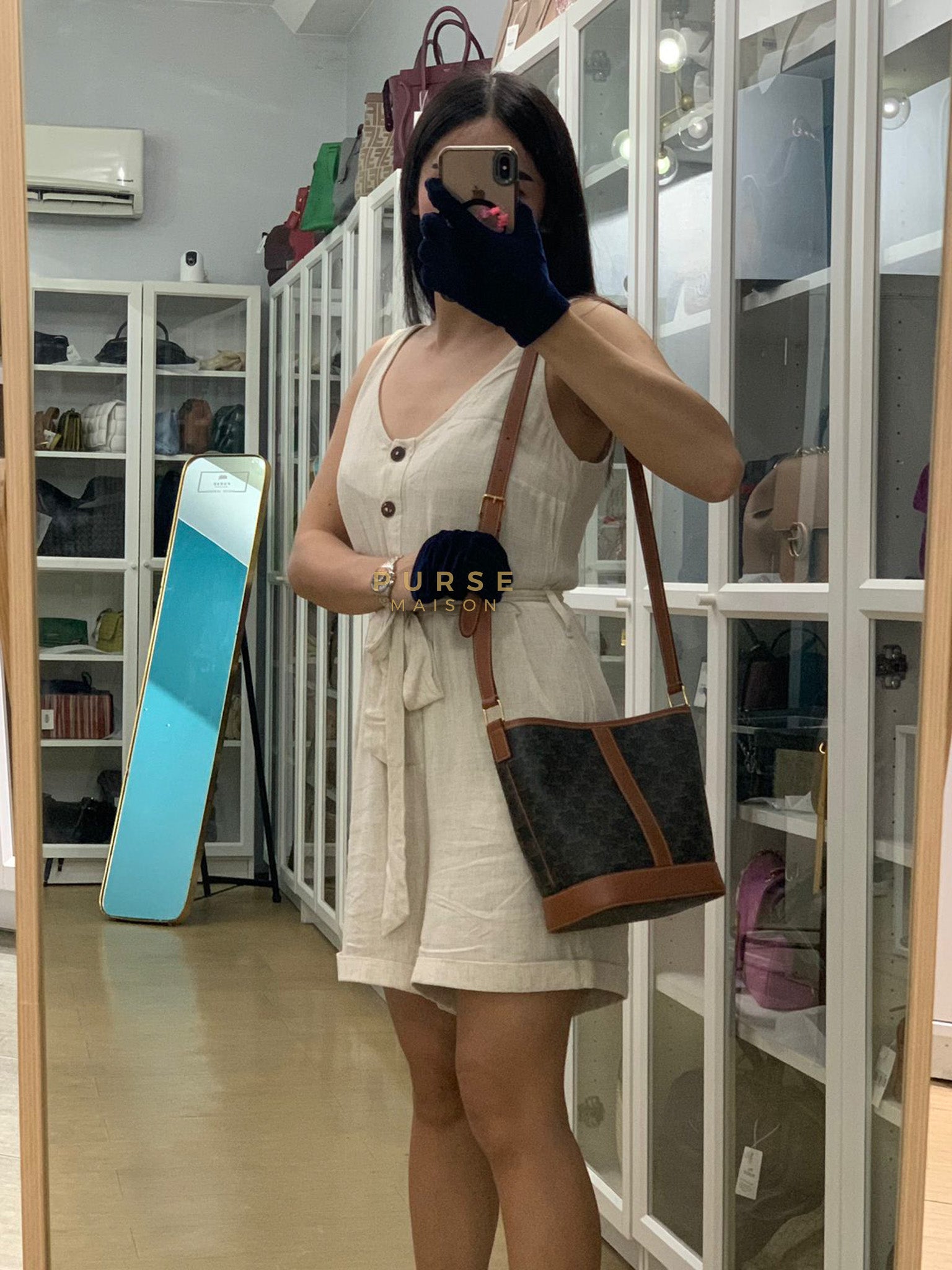 Triomphe Bucket Bag Small in Black/Dark Brown Calfskin Leather & Gold Hardware | Purse Maison Luxury Bags Shop