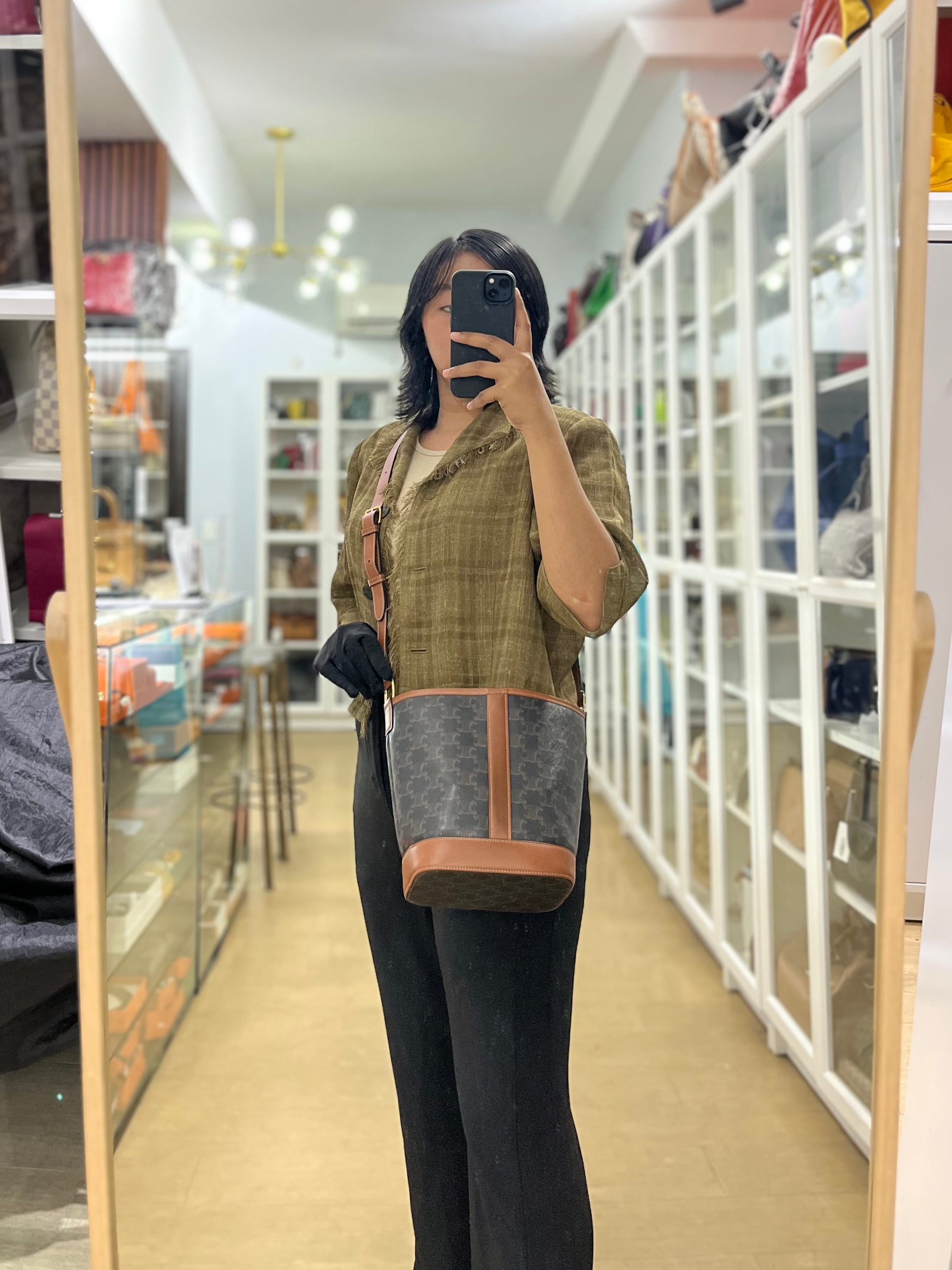 Triomphe Bucket Bag Small in Black/Dark Brown Calfskin Leather & Gold Hardware | Purse Maison Luxury Bags Shop