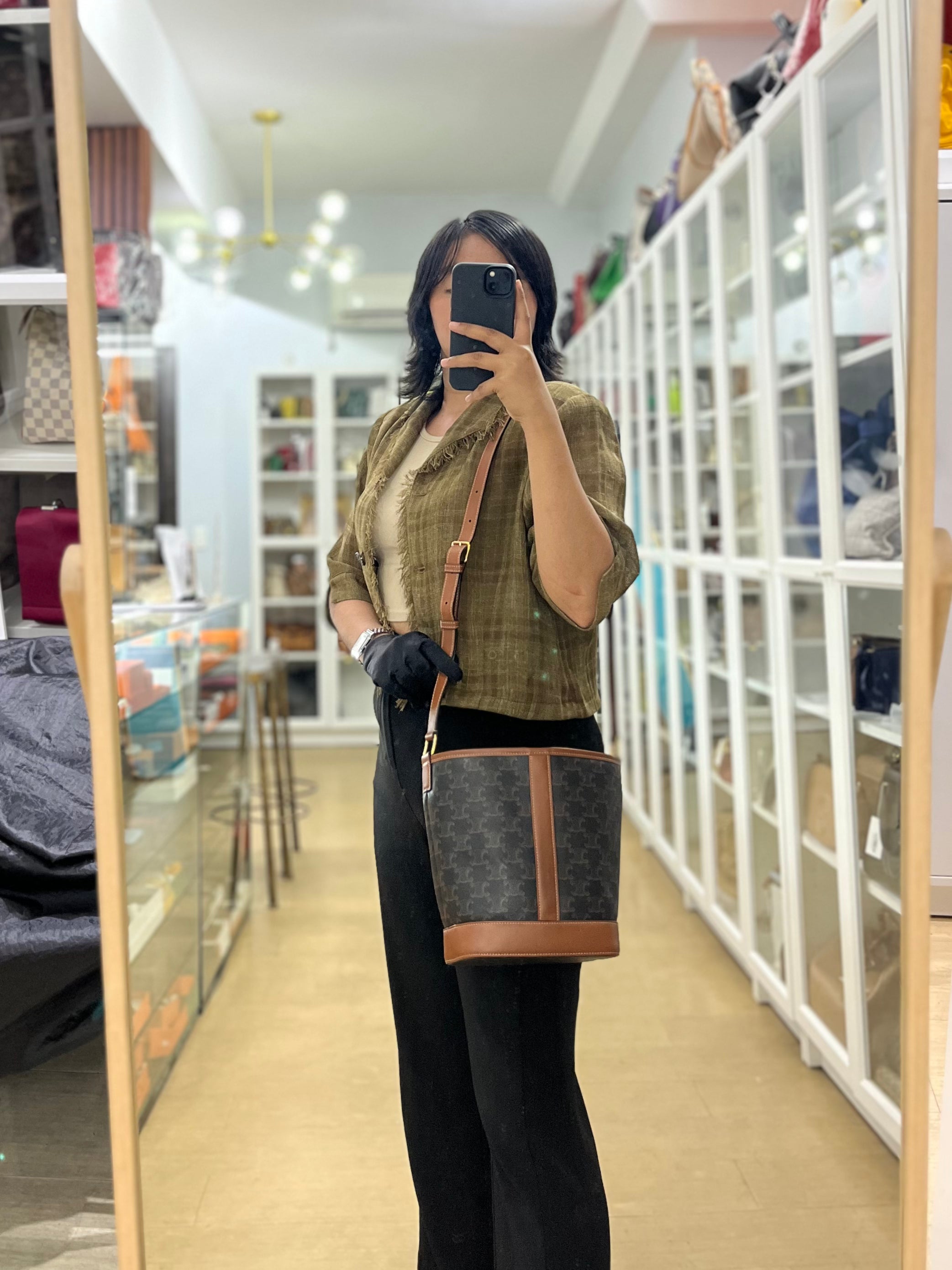 Triomphe Bucket Bag Small in Black/Dark Brown Calfskin Leather & Gold Hardware | Purse Maison Luxury Bags Shop