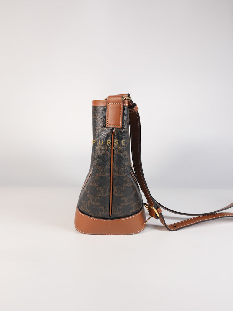 Triomphe Bucket Bag Small in Black/Dark Brown Calfskin Leather & Gold Hardware | Purse Maison Luxury Bags Shop