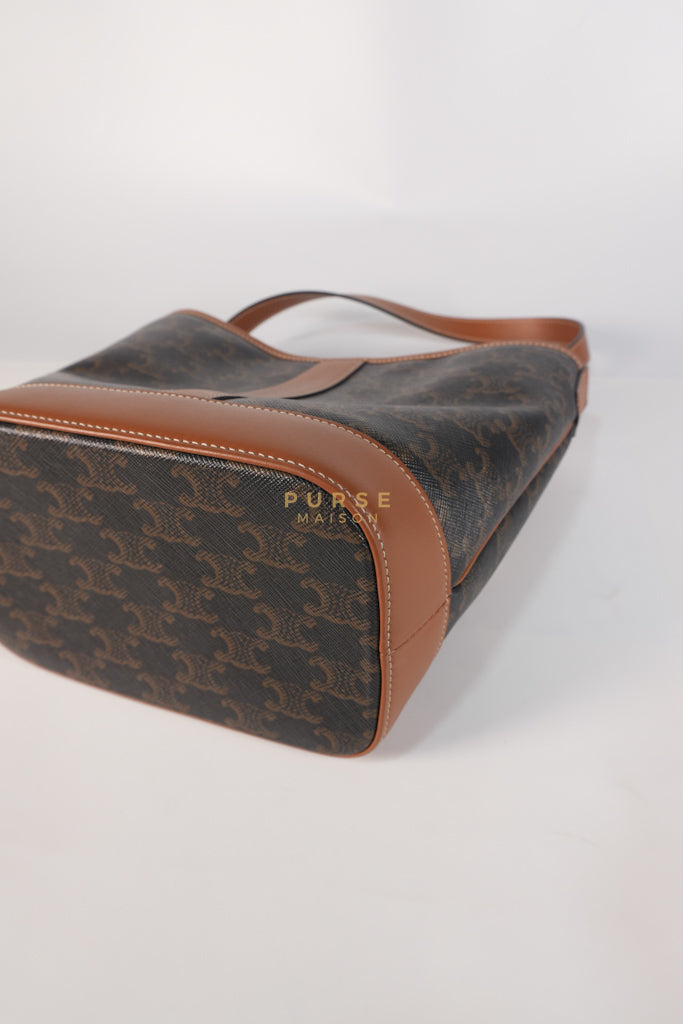 Triomphe Bucket Bag Small in Black/Dark Brown Calfskin Leather & Gold Hardware | Purse Maison Luxury Bags Shop