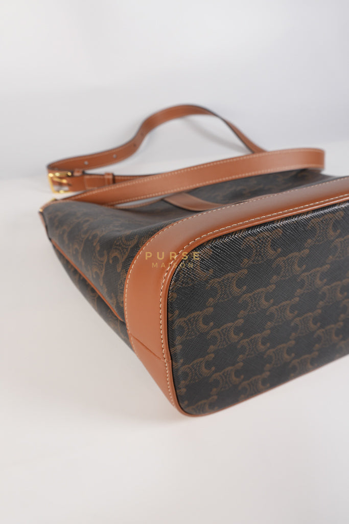 Triomphe Bucket Bag Small in Black/Dark Brown Calfskin Leather & Gold Hardware | Purse Maison Luxury Bags Shop