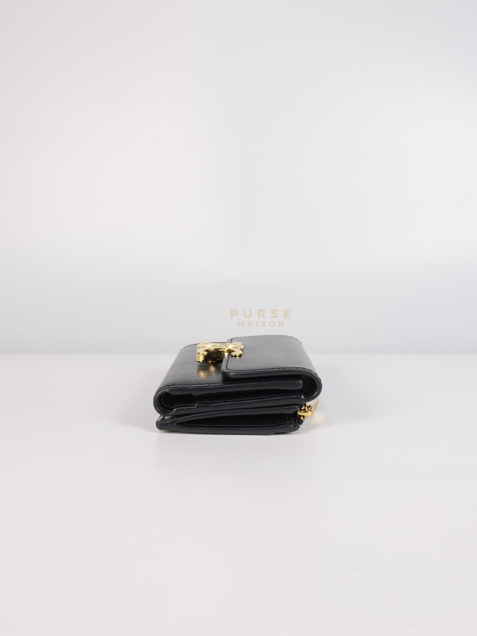 Triomphe Compact Wallet with Coin Purse in Black Calfskin Leather | Purse Maison Luxury Bags Shop