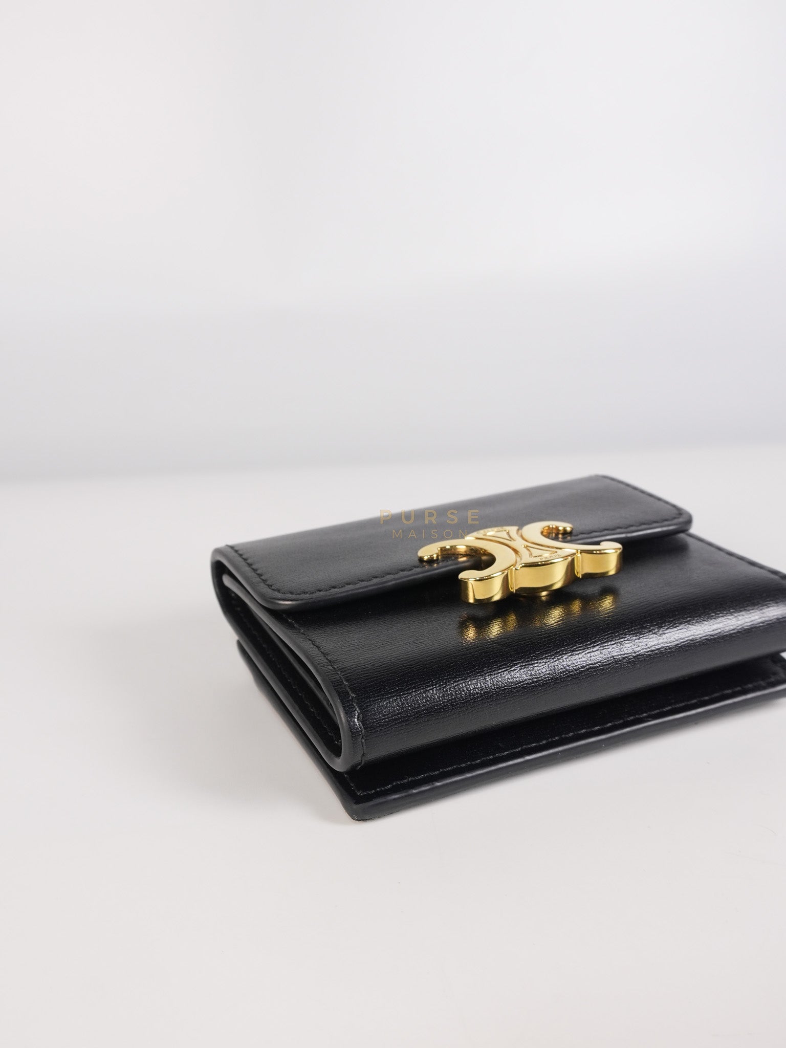 Triomphe Compact Wallet with Coin Purse in Black Calfskin Leather | Purse Maison Luxury Bags Shop