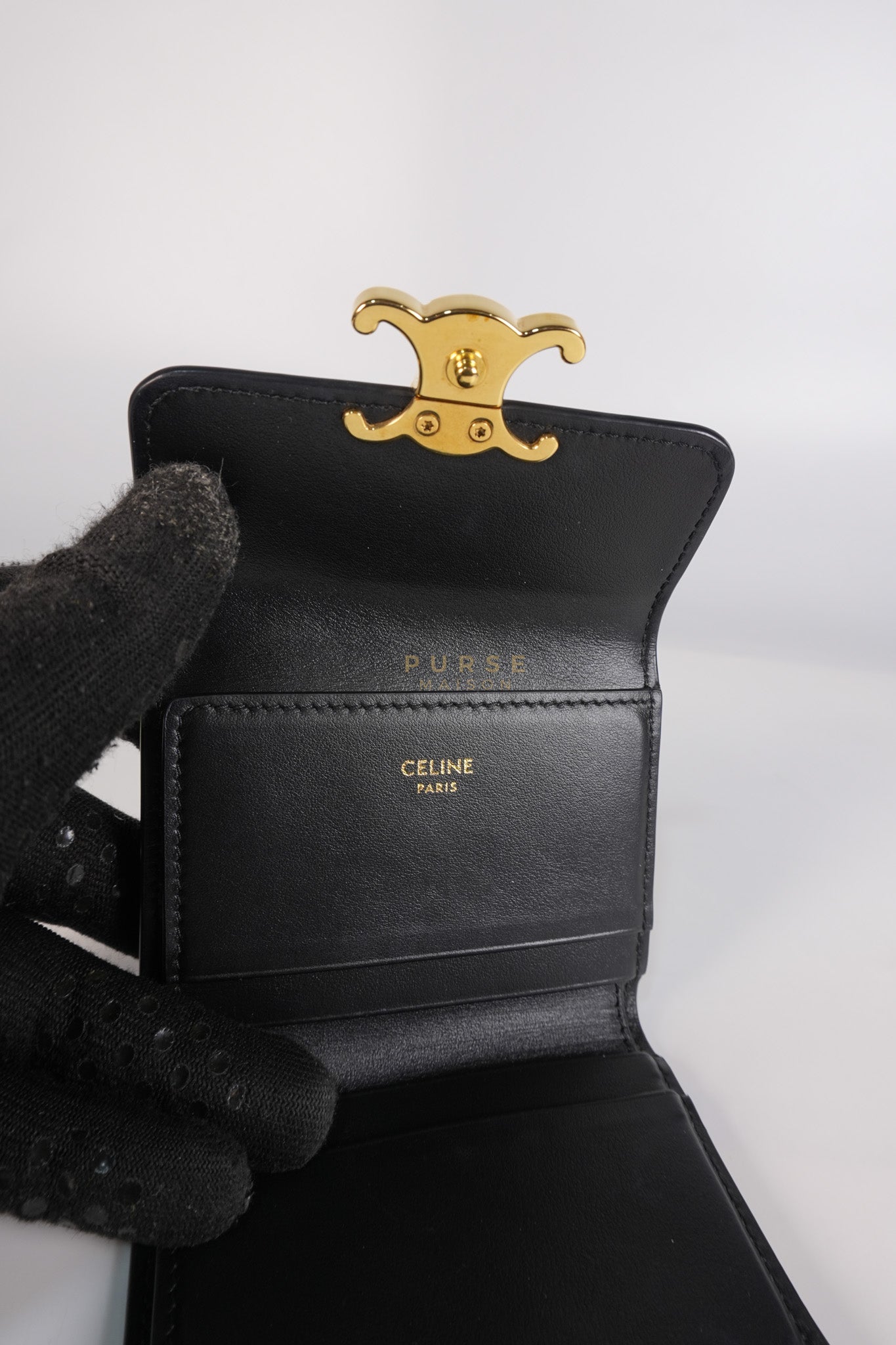 Triomphe Compact Wallet with Coin Purse in Black Calfskin Leather | Purse Maison Luxury Bags Shop