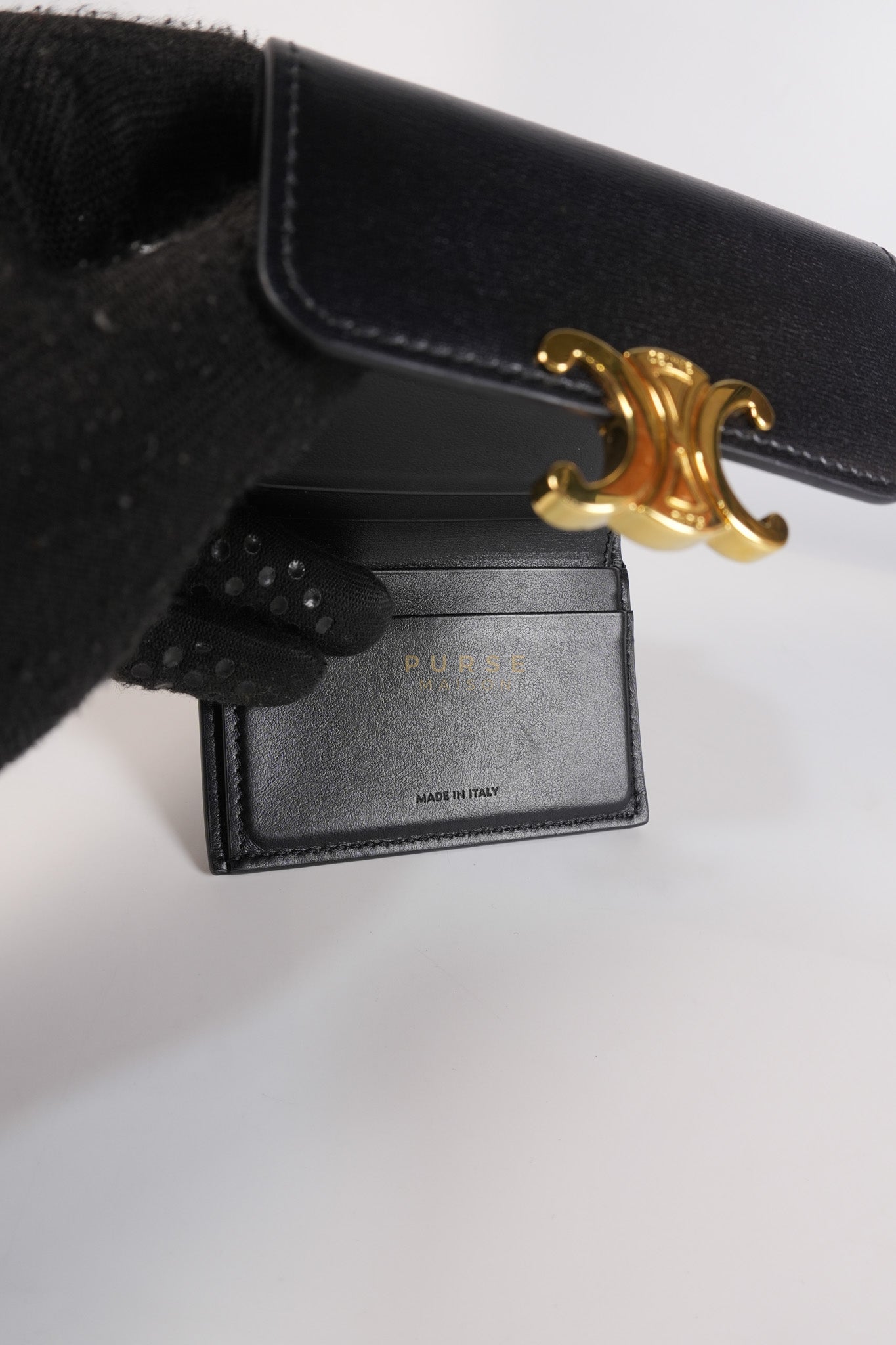 Triomphe Compact Wallet with Coin Purse in Black Calfskin Leather | Purse Maison Luxury Bags Shop