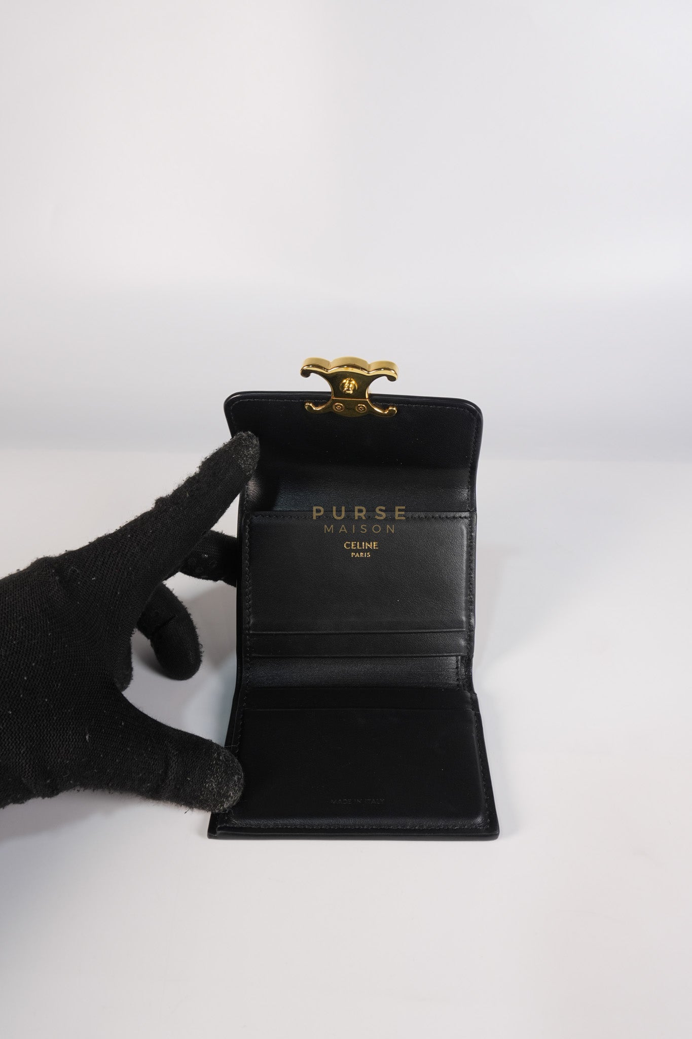 Triomphe Compact Wallet with Coin Purse in Black Calfskin Leather | Purse Maison Luxury Bags Shop