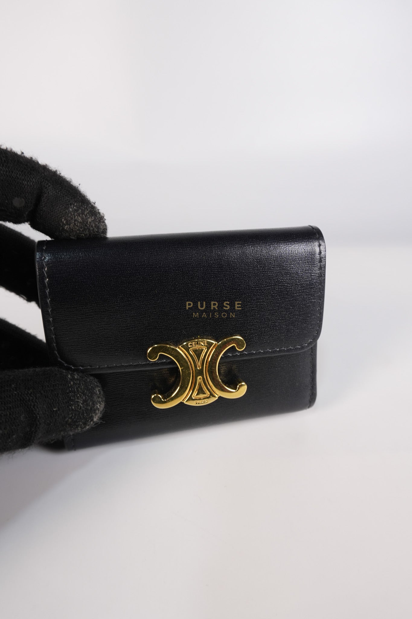 Triomphe Compact Wallet with Coin Purse in Black Calfskin Leather | Purse Maison Luxury Bags Shop