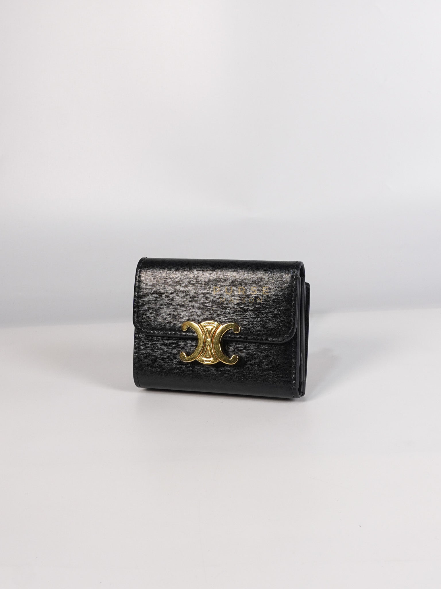 Triomphe Compact Wallet with Coin Purse in Black Calfskin Leather | Purse Maison Luxury Bags Shop