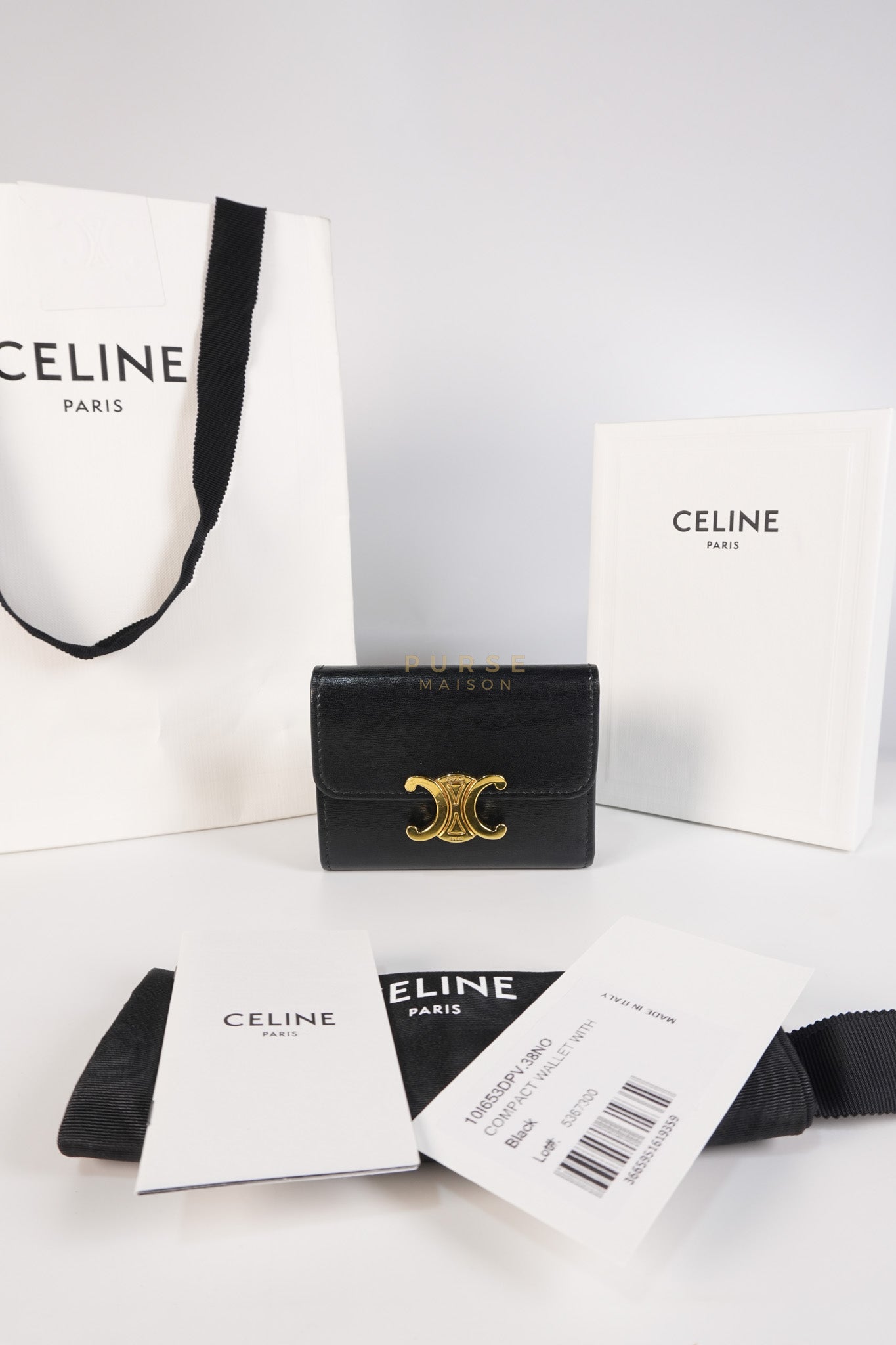 Triomphe Compact Wallet with Coin Purse in Black Calfskin Leather | Purse Maison Luxury Bags Shop