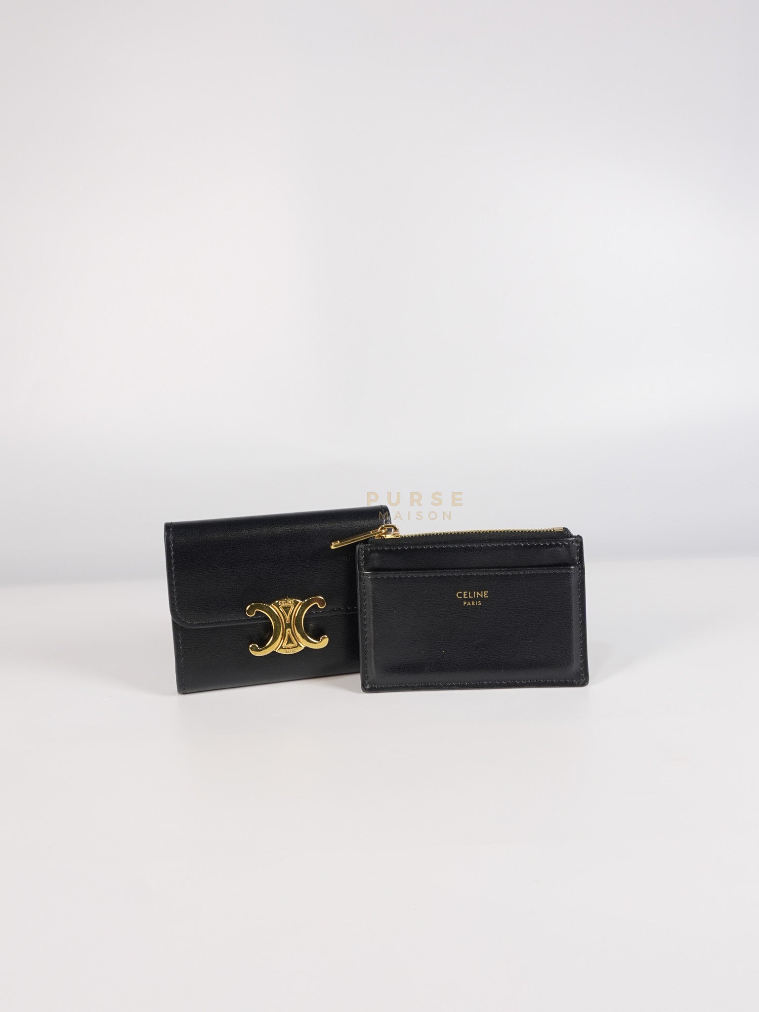 Triomphe Compact Wallet with Coin Purse in Black Calfskin Leather | Purse Maison Luxury Bags Shop