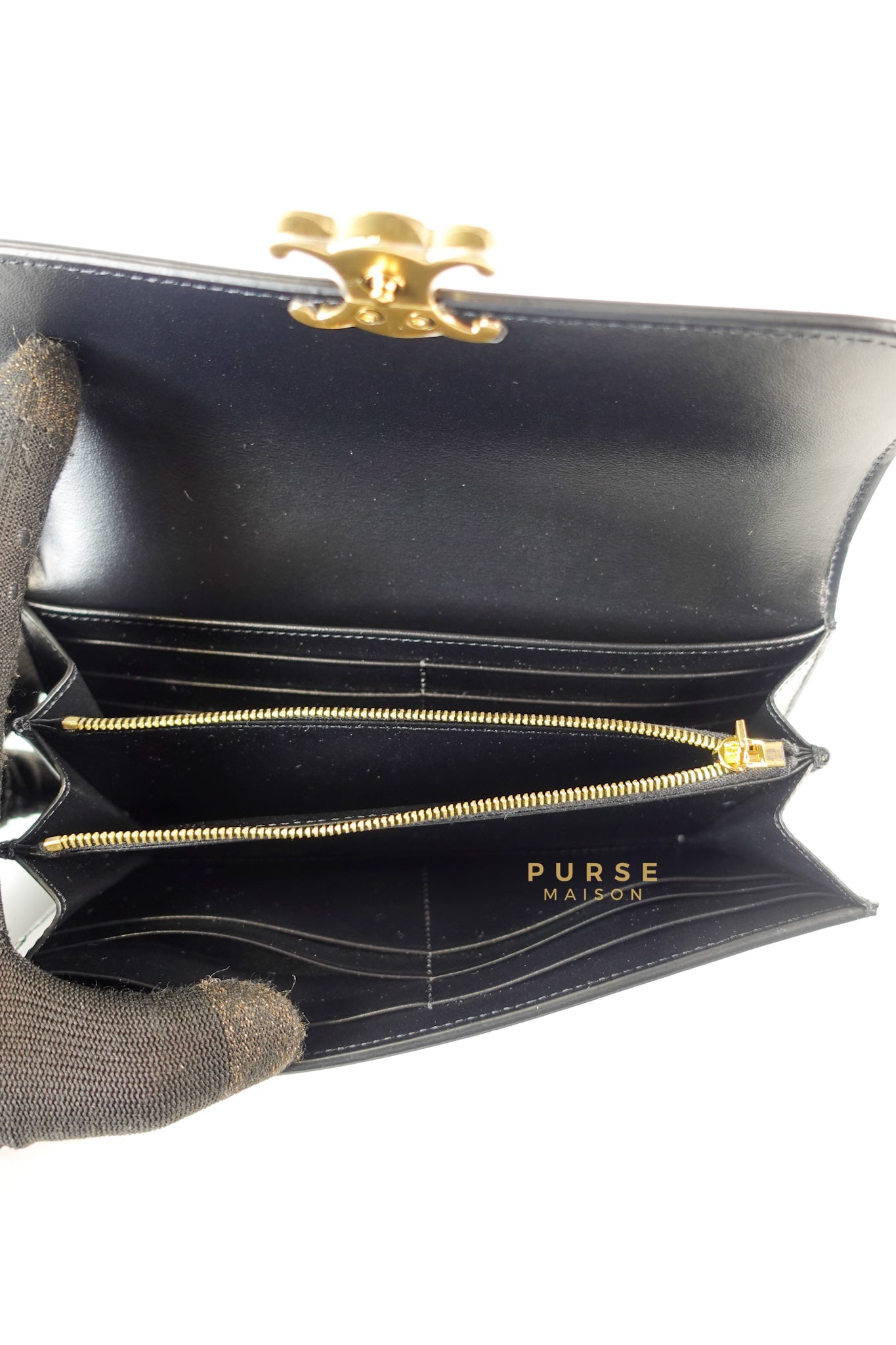 Triomphe Long Flap Wallet in Black Shiny Calfskin | Purse Maison Luxury Bags Shop
