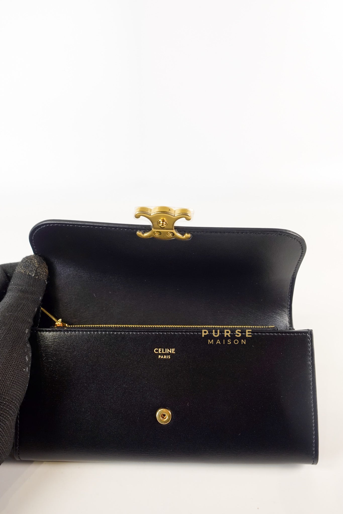 Triomphe Long Flap Wallet in Black Shiny Calfskin | Purse Maison Luxury Bags Shop