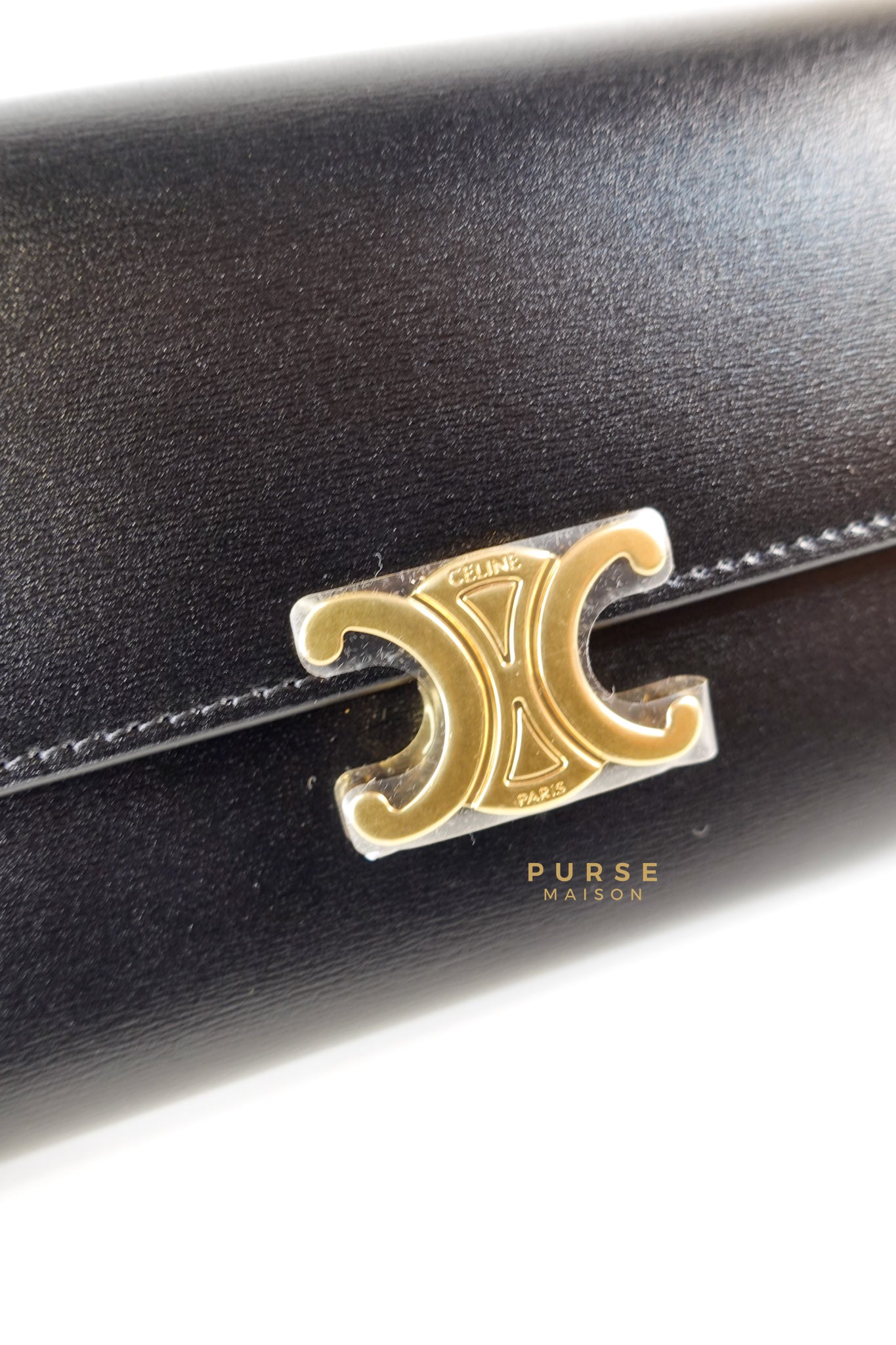 Triomphe Long Flap Wallet in Black Shiny Calfskin | Purse Maison Luxury Bags Shop