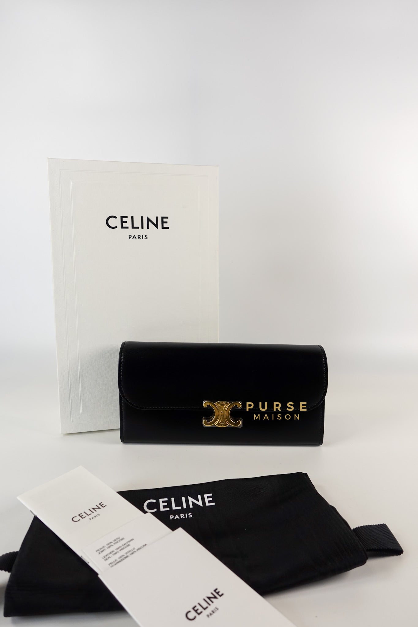 Triomphe Long Flap Wallet in Black Shiny Calfskin | Purse Maison Luxury Bags Shop