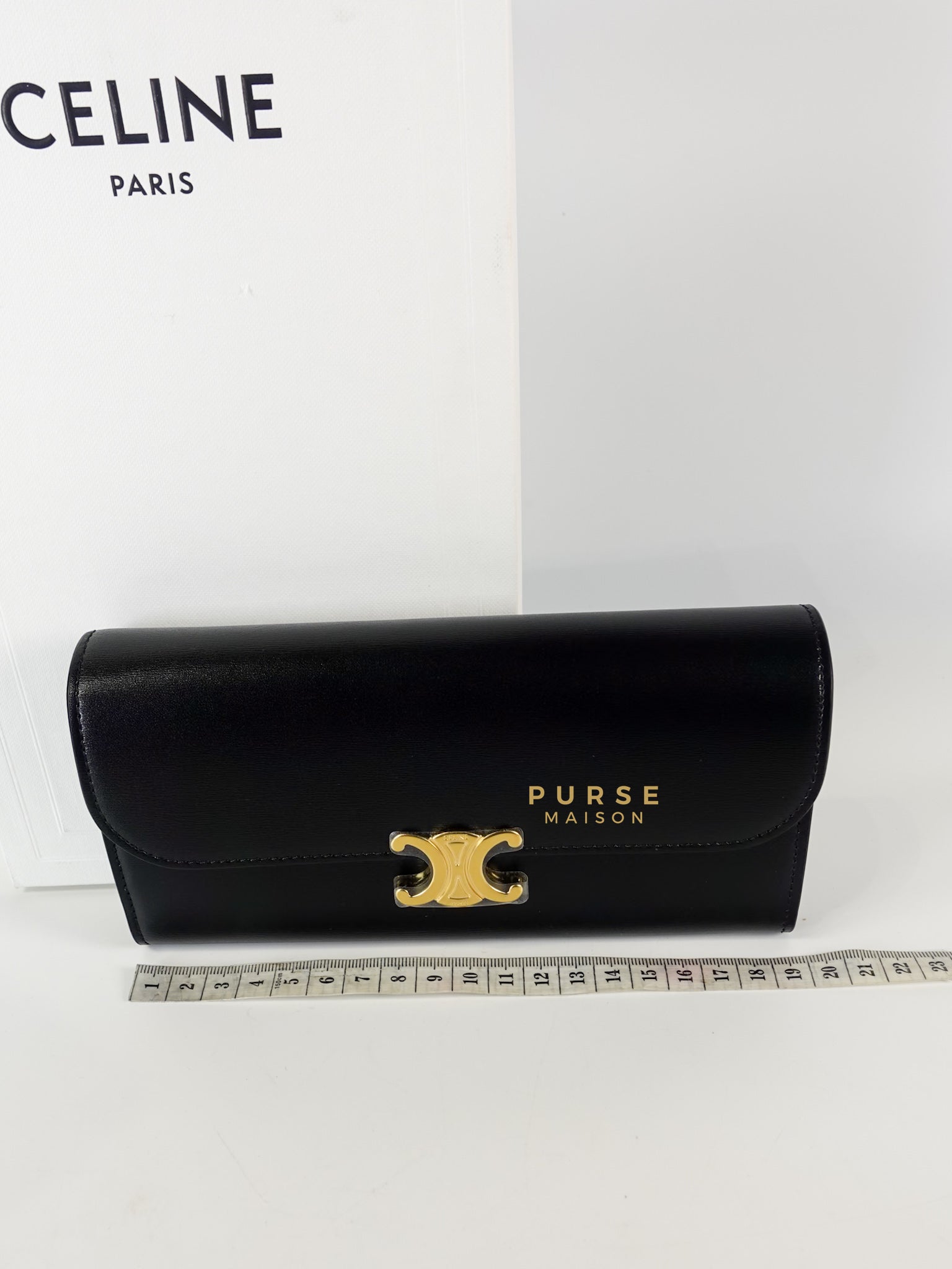 Triomphe Long Flap Wallet in Black Shiny Calfskin | Purse Maison Luxury Bags Shop