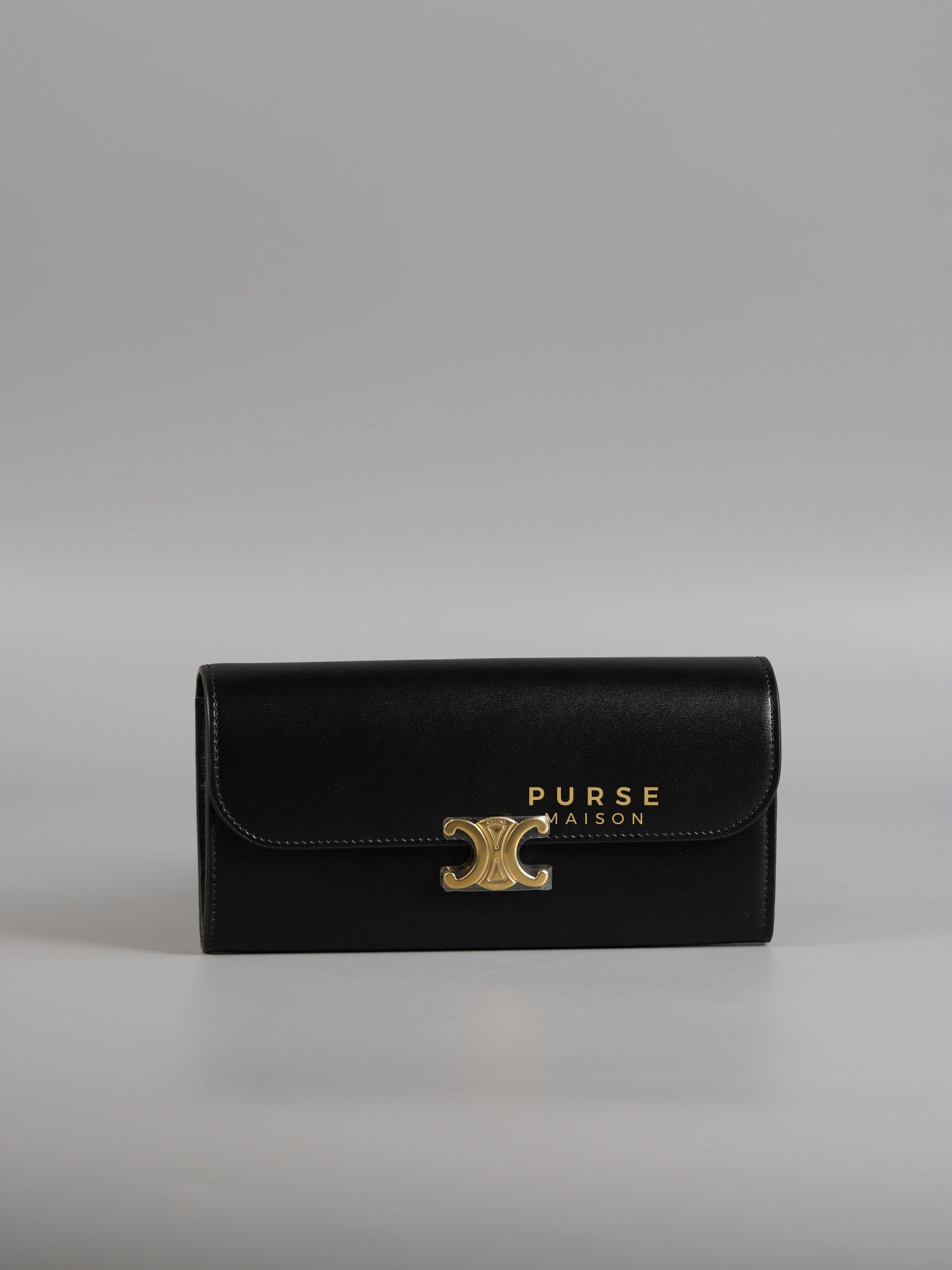 Triomphe Long Flap Wallet in Black Shiny Calfskin | Purse Maison Luxury Bags Shop