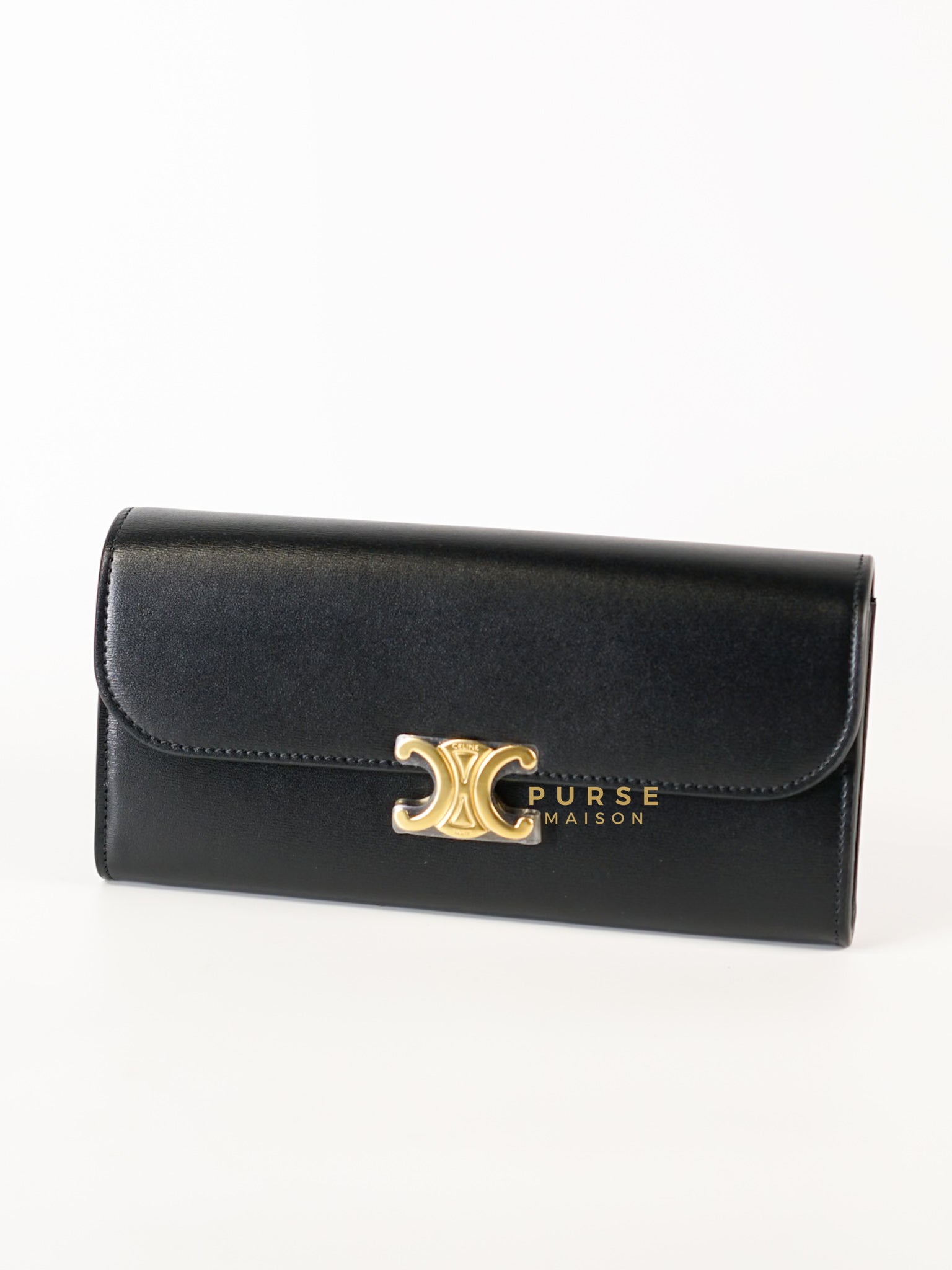 Triomphe Long Flap Wallet in Black Shiny Calfskin | Purse Maison Luxury Bags Shop