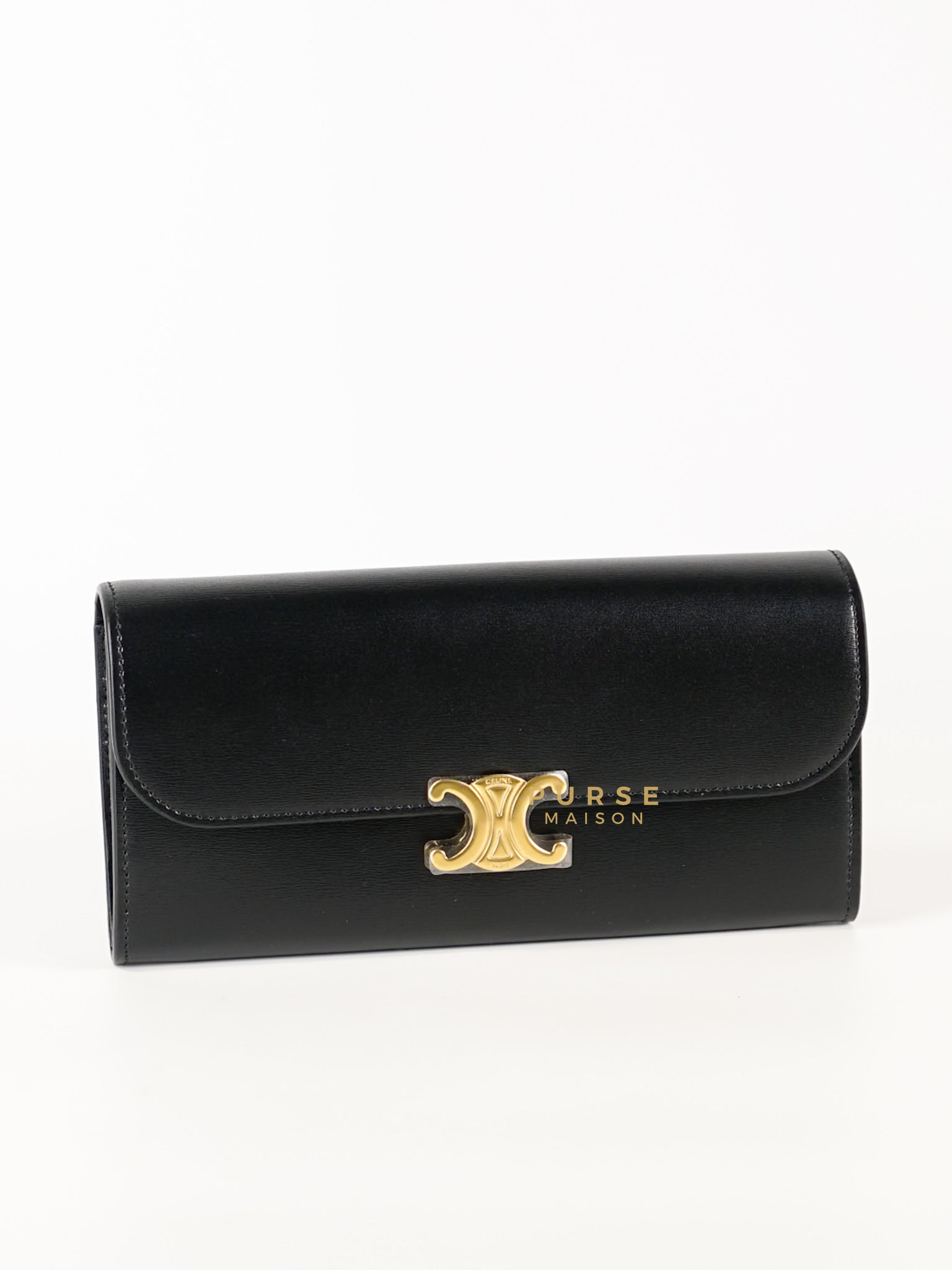 Triomphe Long Flap Wallet in Black Shiny Calfskin | Purse Maison Luxury Bags Shop
