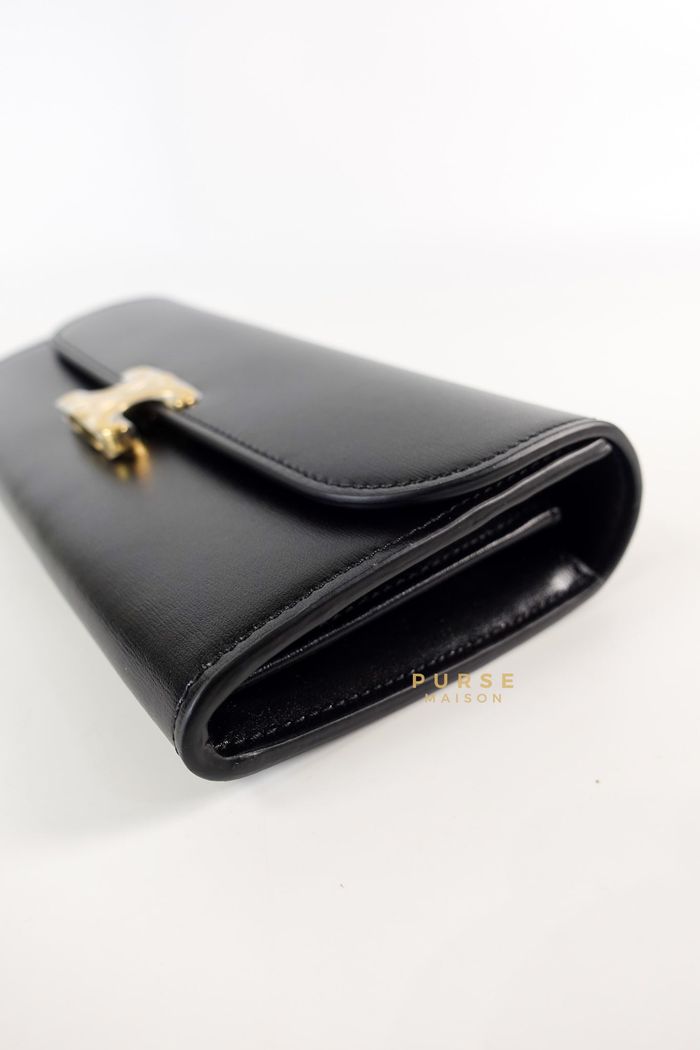 Triomphe Long Flap Wallet in Black Shiny Calfskin | Purse Maison Luxury Bags Shop