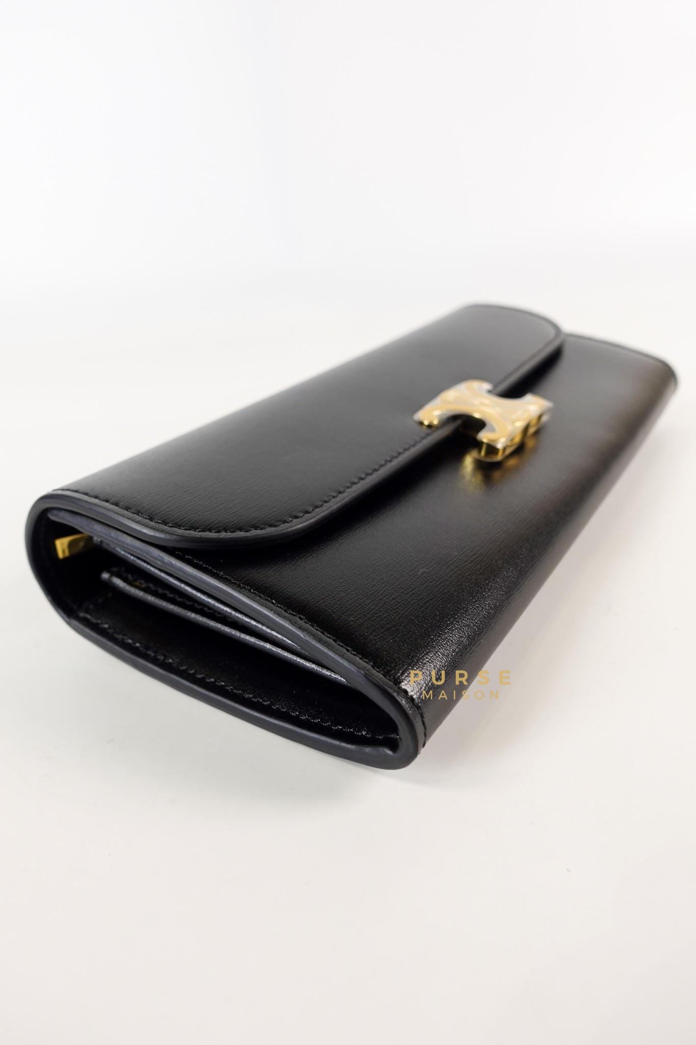 Triomphe Long Flap Wallet in Black Shiny Calfskin | Purse Maison Luxury Bags Shop