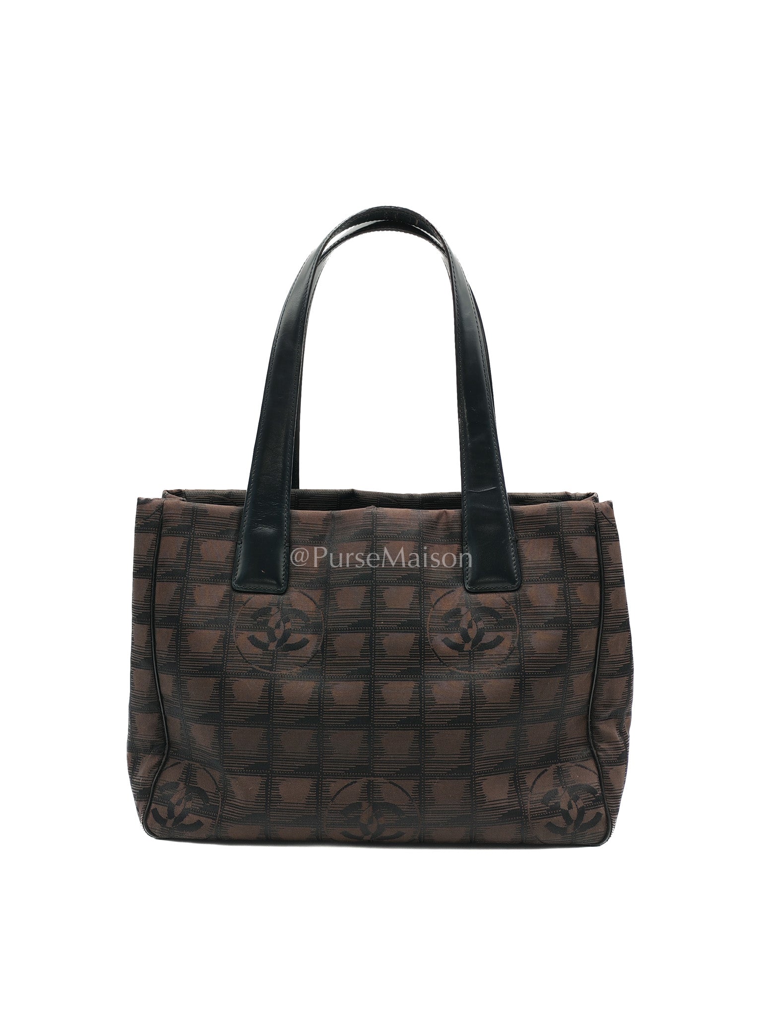 Chanel Travel Line PM Tote Bag in Dark Brown/Black Woven Jacquard Nylon Canvas Series 9