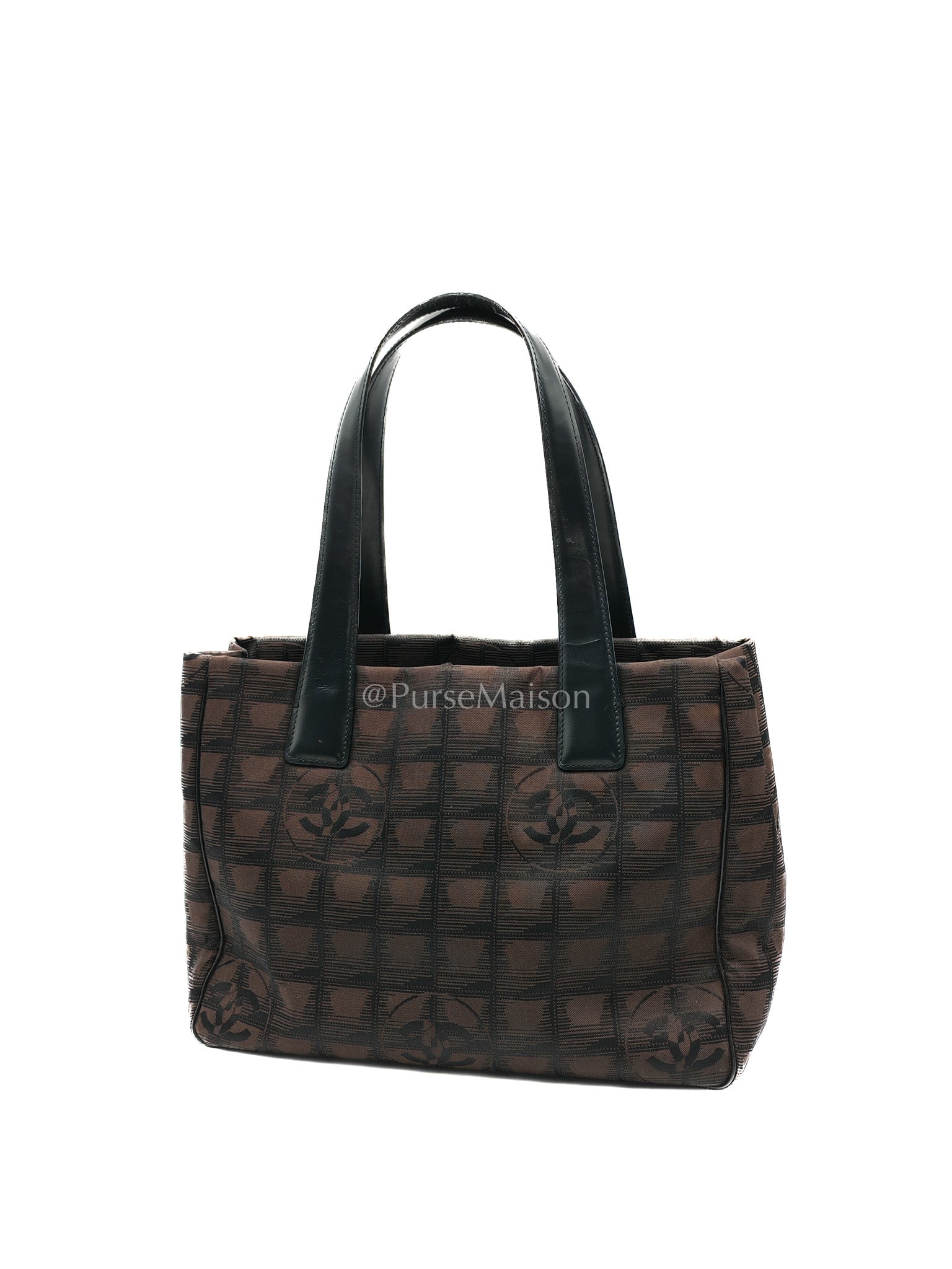 Chanel Travel Line PM Tote Bag in Dark Brown/Black Woven Jacquard Nylon Canvas Series 9