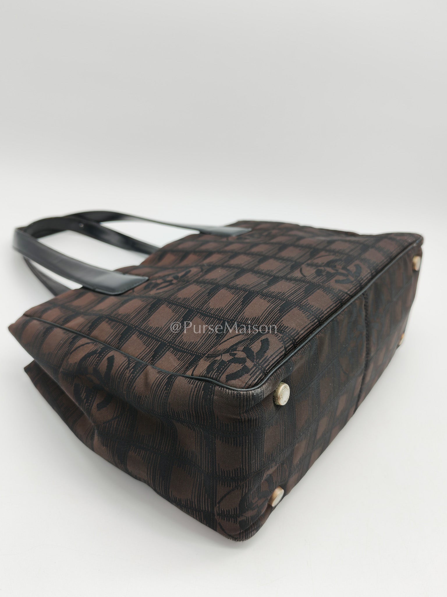 Chanel Travel Line PM Tote Bag in Dark Brown/Black Woven Jacquard Nylon Canvas Series 9