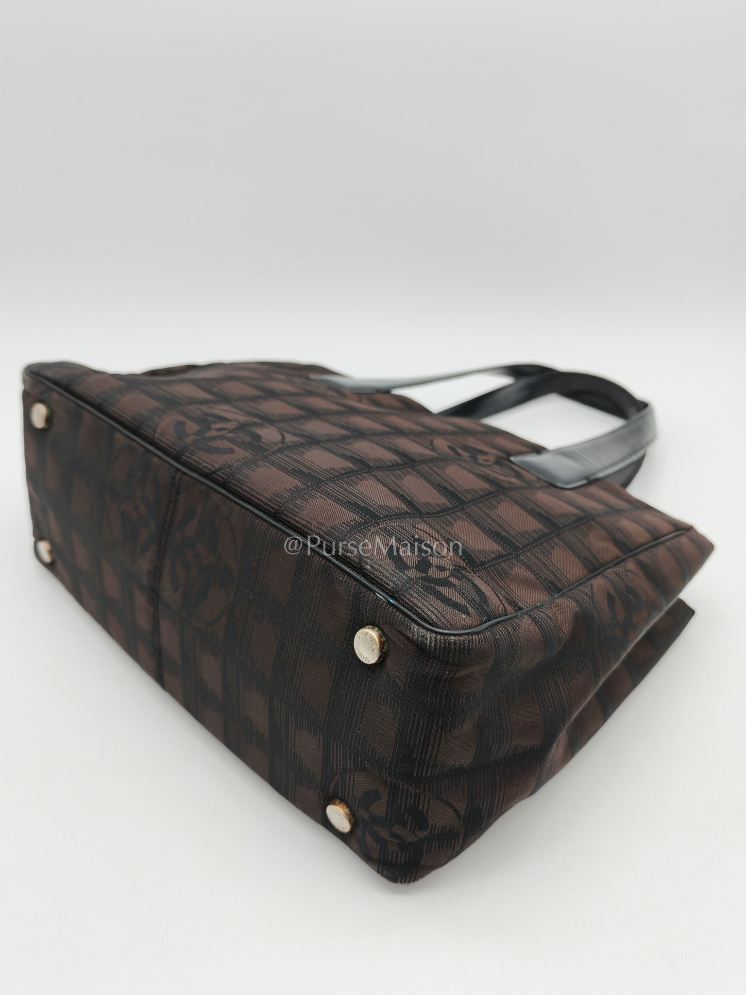 Chanel Travel Line PM Tote Bag in Dark Brown/Black Woven Jacquard Nylon Canvas Series 9