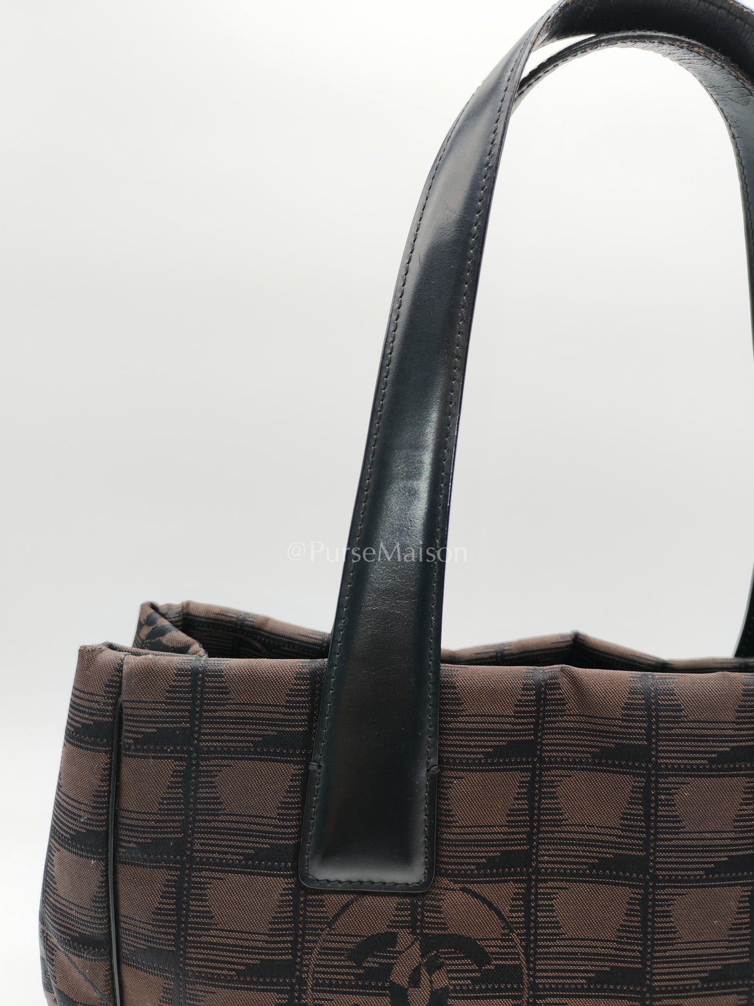 Chanel Travel Line PM Tote Bag in Dark Brown/Black Woven Jacquard Nylon Canvas Series 9