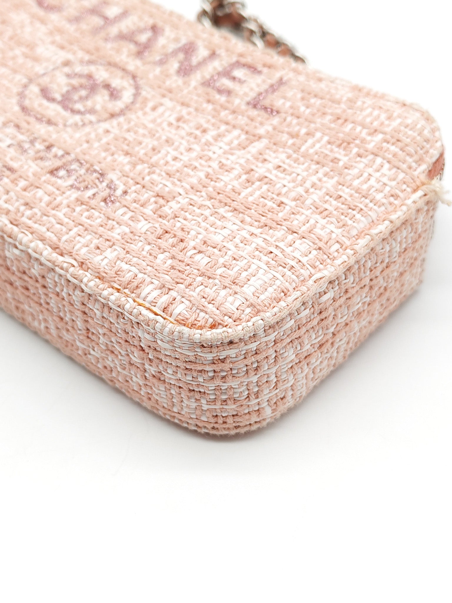 Tweed Deauville Double Zip Clutch Wallet on Chain in Pink Woven Canvas & Silver Hardware Series 25 | Purse Maison Luxury Bags Shop