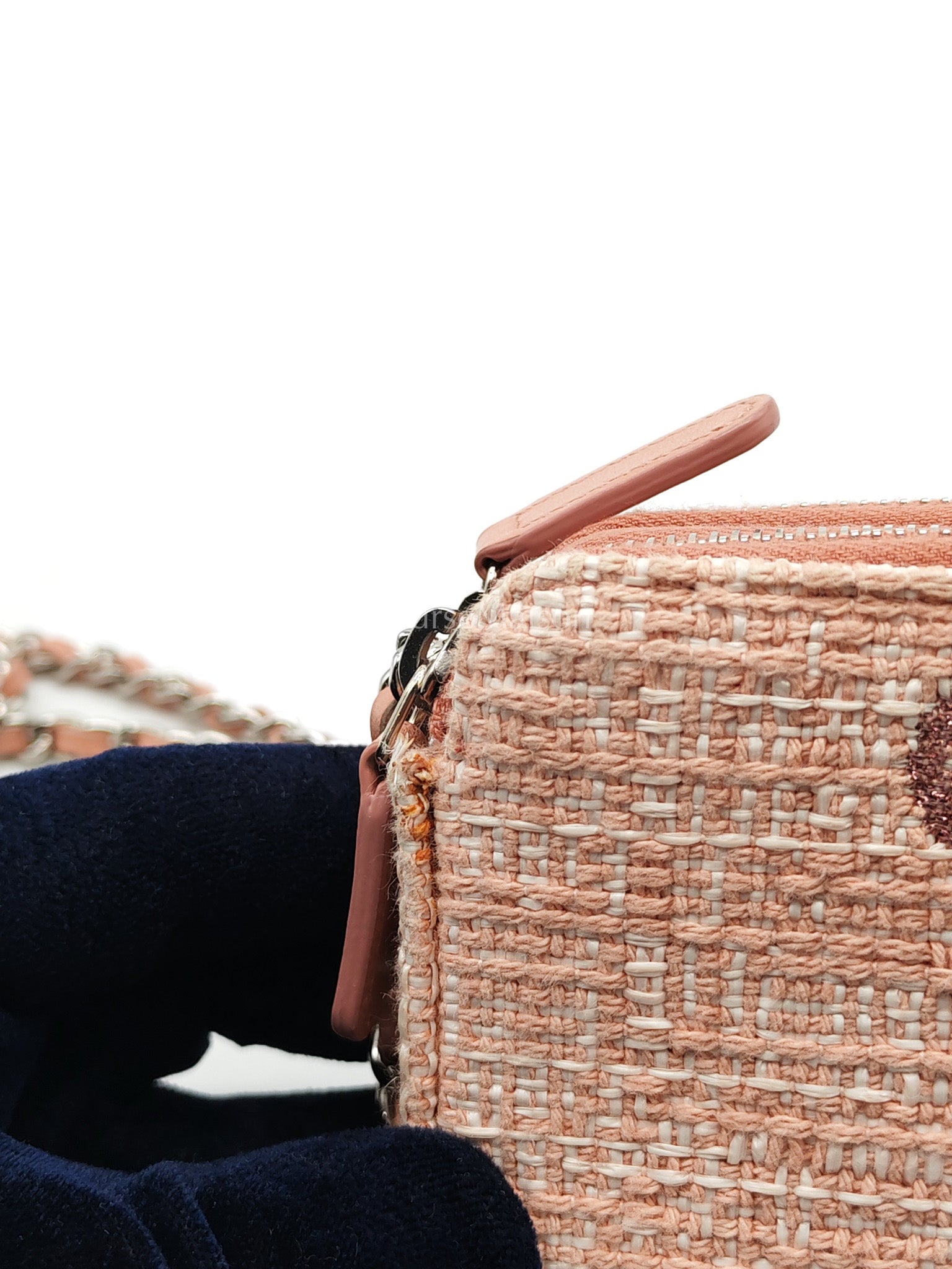 Tweed Deauville Double Zip Clutch Wallet on Chain in Pink Woven Canvas & Silver Hardware Series 25 | Purse Maison Luxury Bags Shop