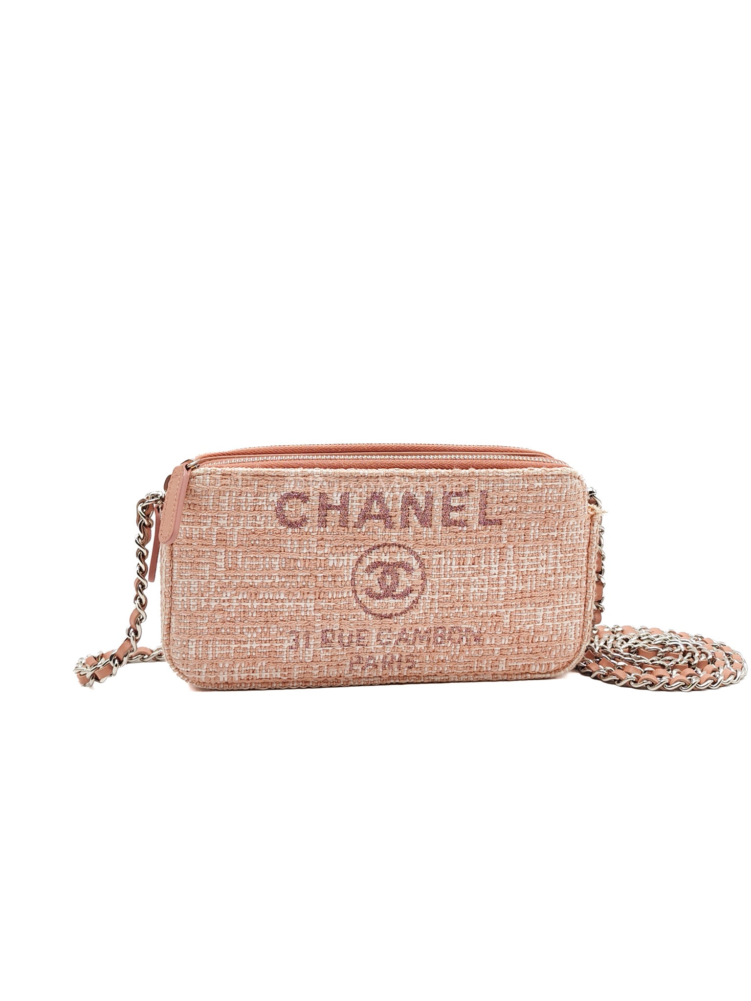 Tweed Deauville Double Zip Clutch Wallet on Chain in Pink Woven Canvas & Silver Hardware Series 25 | Purse Maison Luxury Bags Shop
