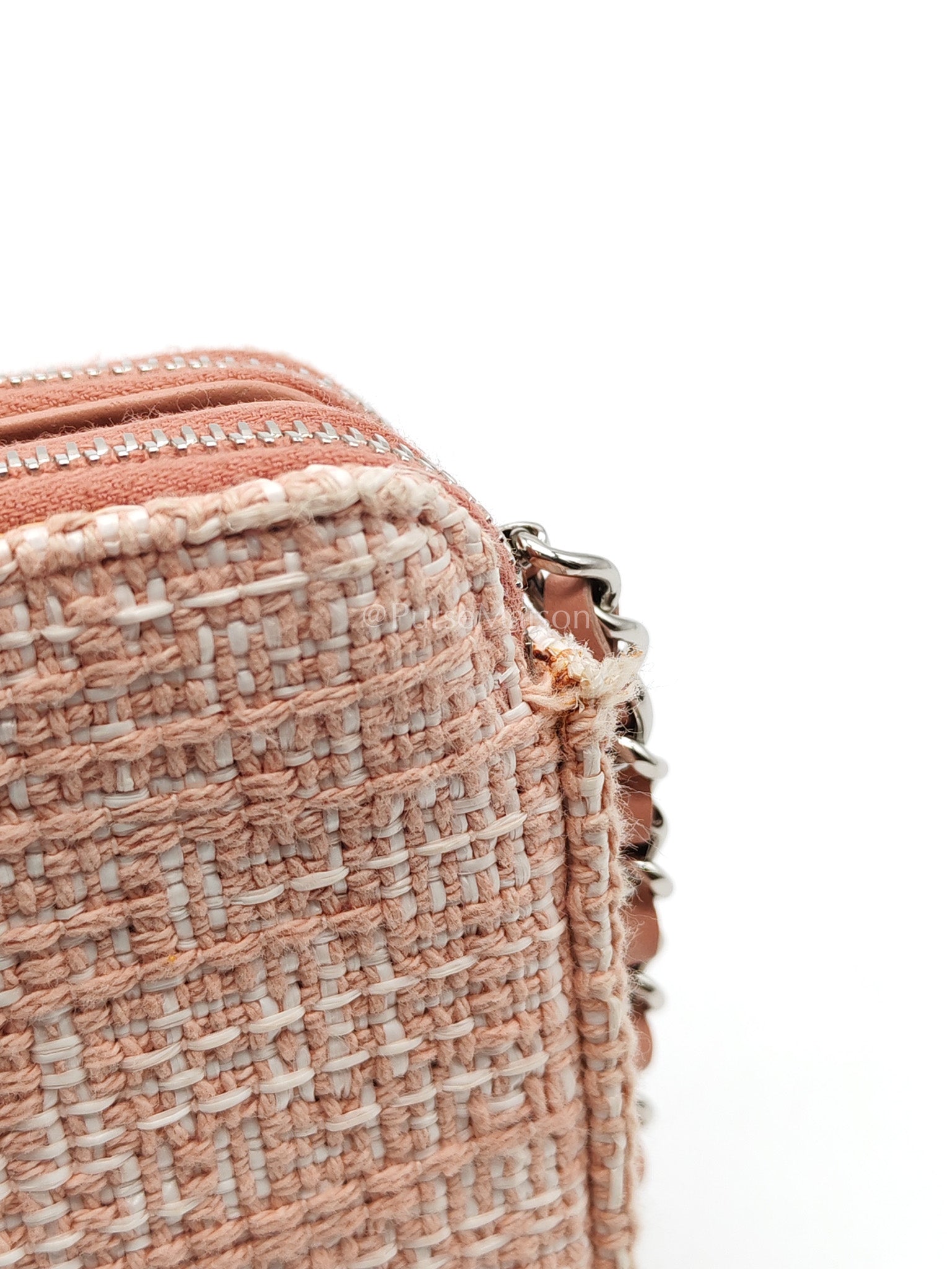 Tweed Deauville Double Zip Clutch Wallet on Chain in Pink Woven Canvas & Silver Hardware Series 25 | Purse Maison Luxury Bags Shop