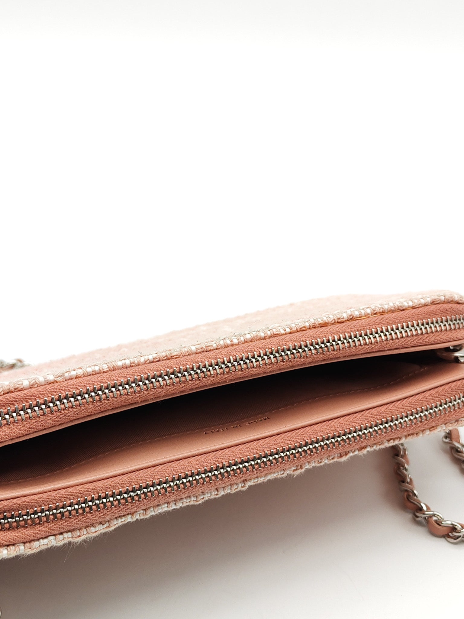 Tweed Deauville Double Zip Clutch Wallet on Chain in Pink Woven Canvas & Silver Hardware Series 25 | Purse Maison Luxury Bags Shop