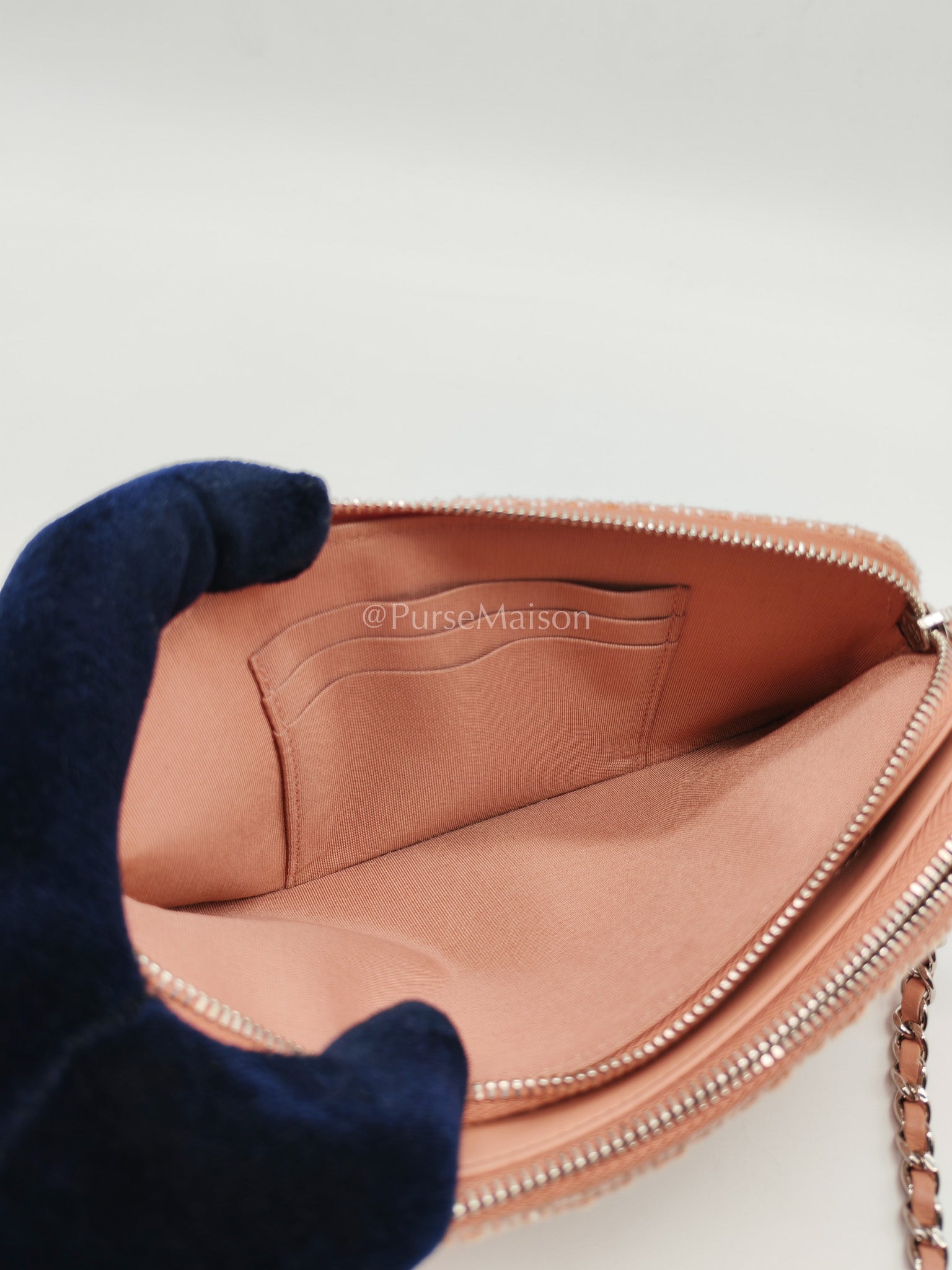 Tweed Deauville Double Zip Clutch Wallet on Chain in Pink Woven Canvas & Silver Hardware Series 25 | Purse Maison Luxury Bags Shop
