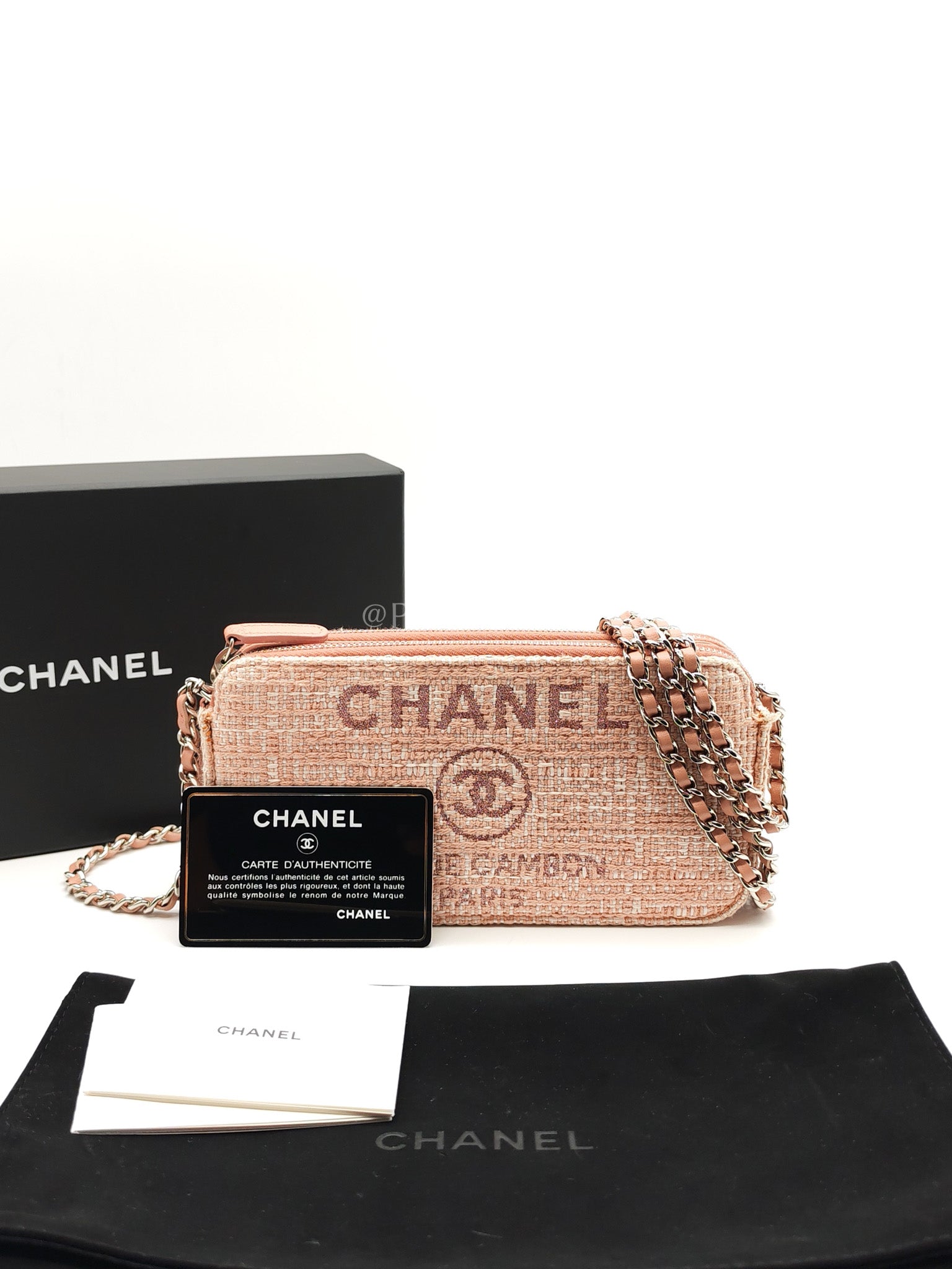 Tweed Deauville Double Zip Clutch Wallet on Chain in Pink Woven Canvas & Silver Hardware Series 25 | Purse Maison Luxury Bags Shop