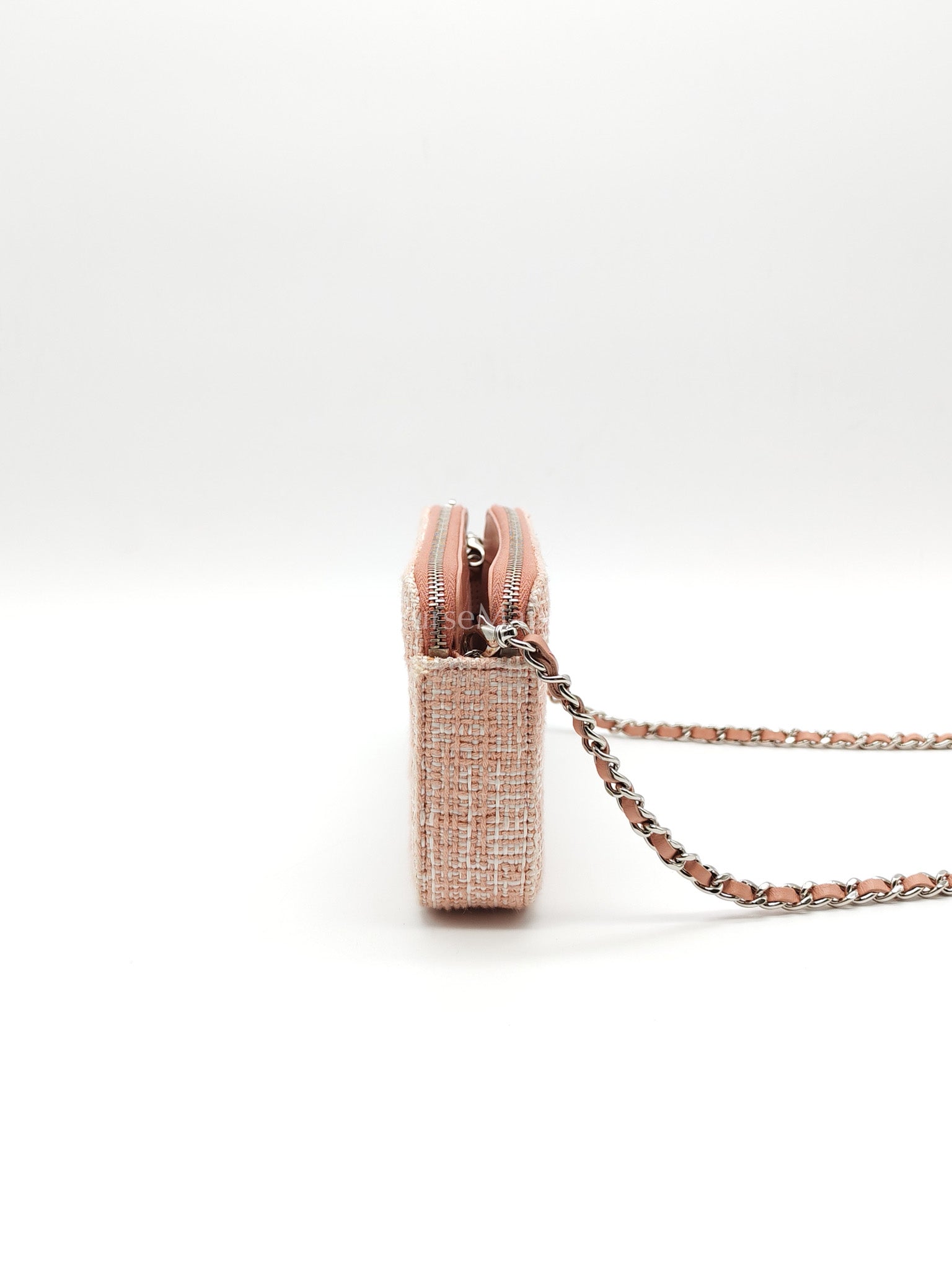 Tweed Deauville Double Zip Clutch Wallet on Chain in Pink Woven Canvas & Silver Hardware Series 25 | Purse Maison Luxury Bags Shop