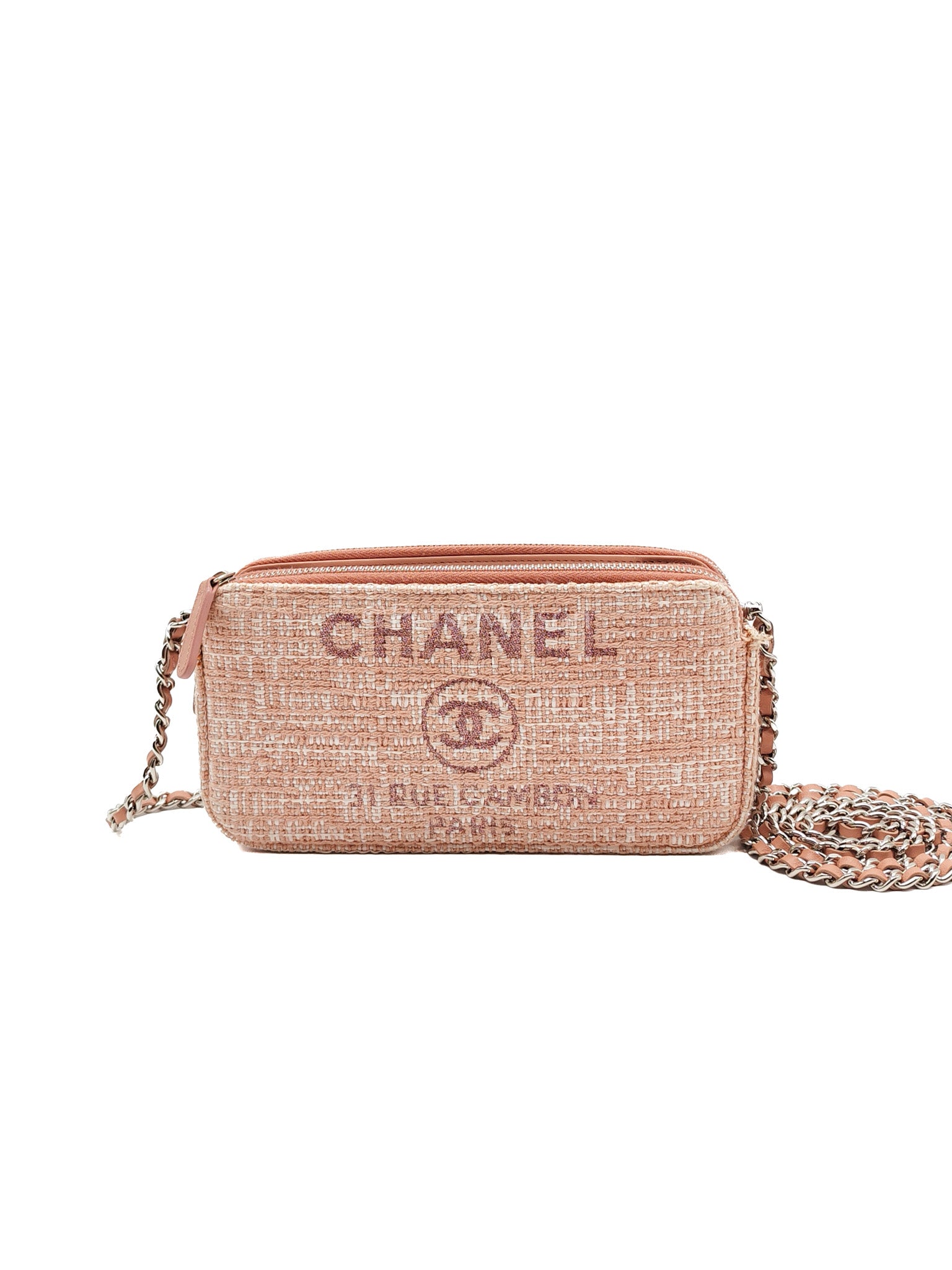 Tweed Deauville Double Zip Clutch Wallet on Chain in Pink Woven Canvas & Silver Hardware Series 25 | Purse Maison Luxury Bags Shop